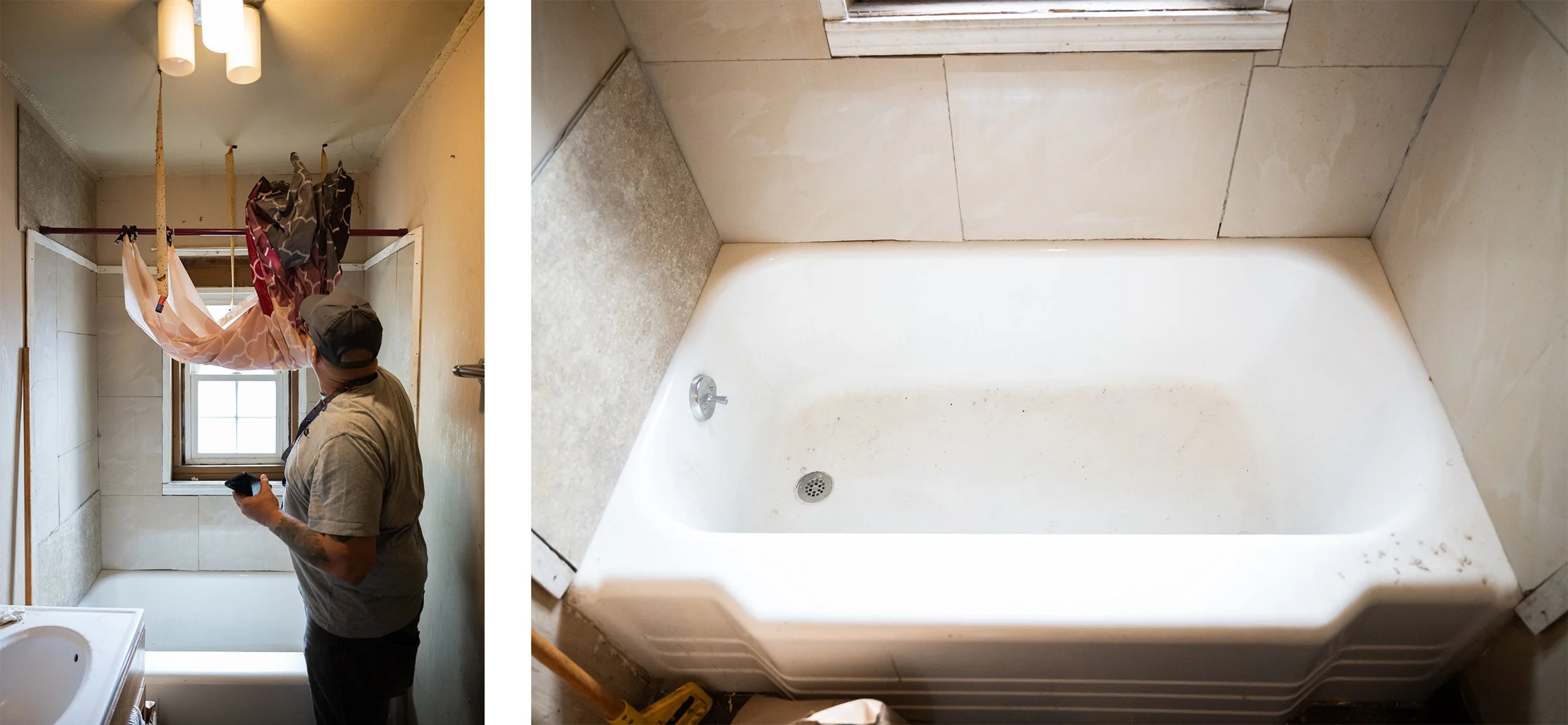 Robin Carpenter's bathroom in her rooming house on April 17, 2026. The bathtub was previously a holding place for another tenants cat litter but was recently cleaned out. The landlord had ripped out the bathtub faucet and shower head leaving the tena