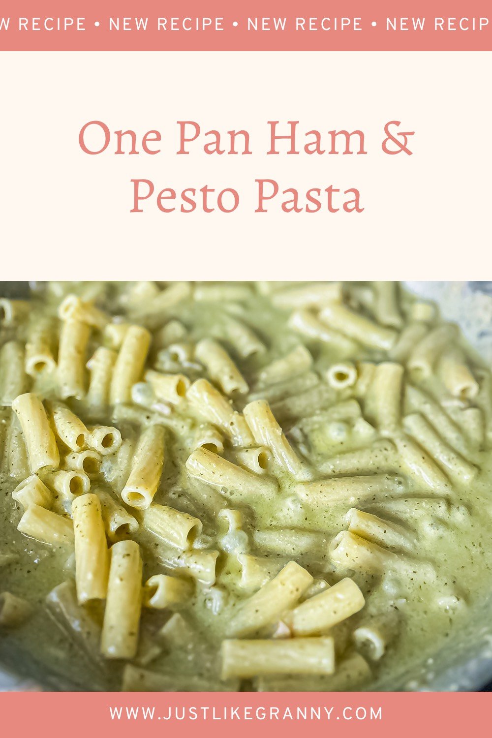 Effortless Pesto Pasta with Ham served on a white plate with green pesto sauce and slices of ham on top. Ready in under 30 minutes.