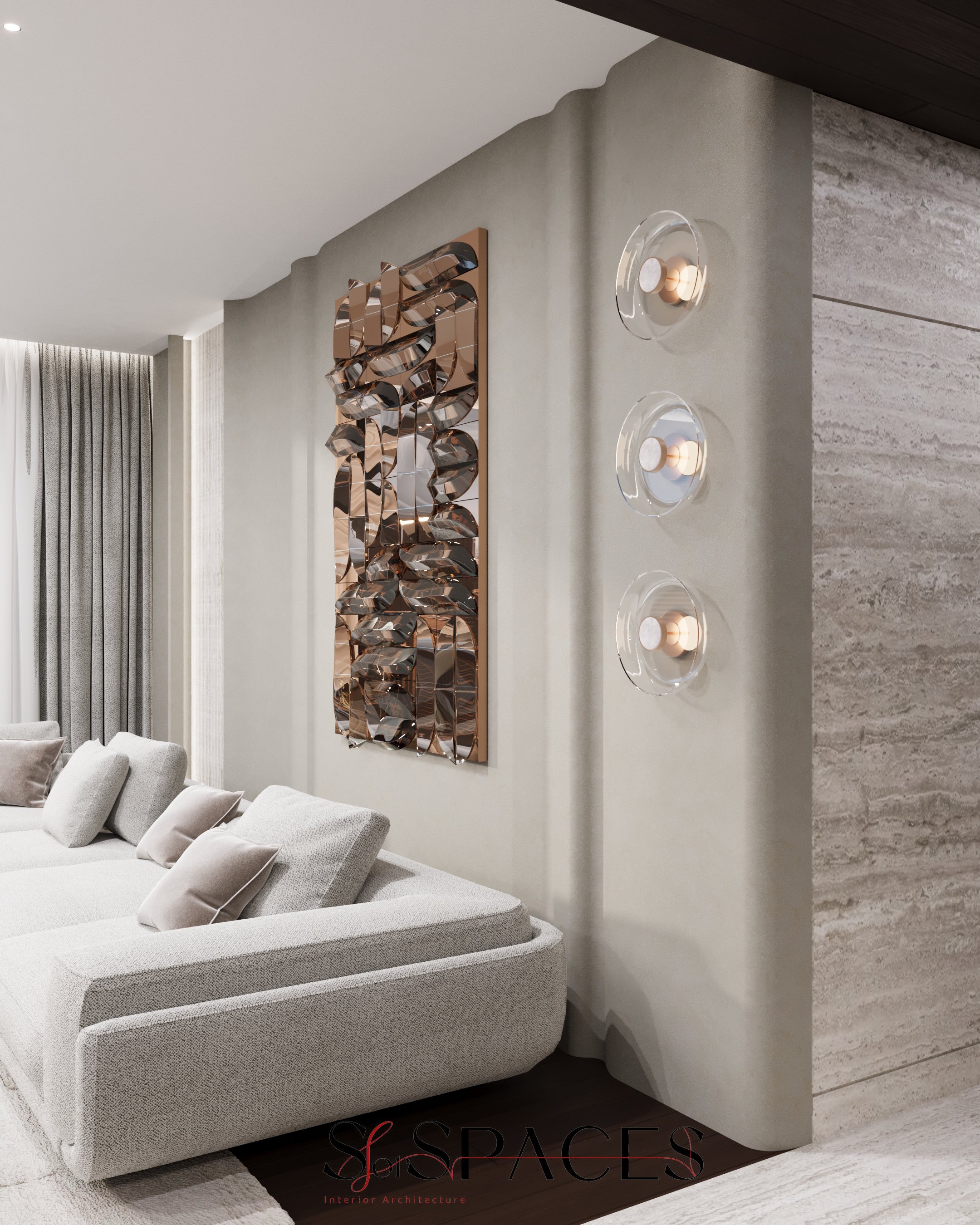 Within the seating area, an enhanced vertically grooved feature panel finished in textured mineral plaster, creating a soft ambient glow that accentuates surface depth while contributing to the layered lighting strategy used throughout the apartment.