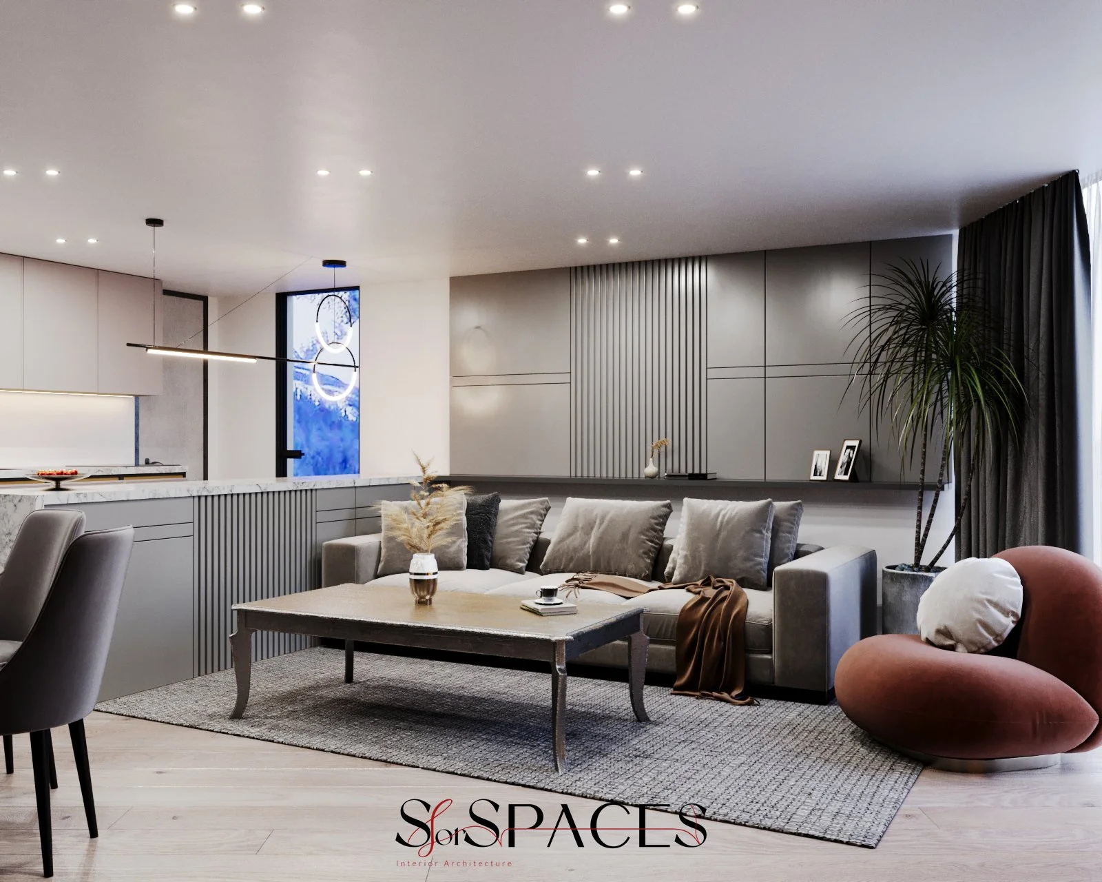 The L-shaped sofa, paired with a bold orange armchair, sits on medium-light parquet flooring with a textured rug.