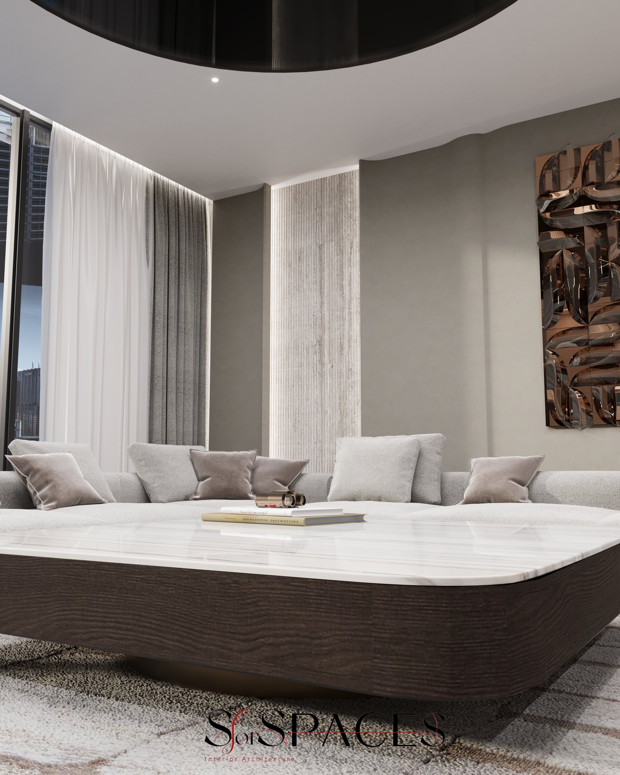 A custom-designed coffee table combines a polished light marble top with a dark walnut wood base, and full-height sheer curtains and light linen fabric filter natural daylight entering the space, maintaining brightness while ensuring visual comfort a