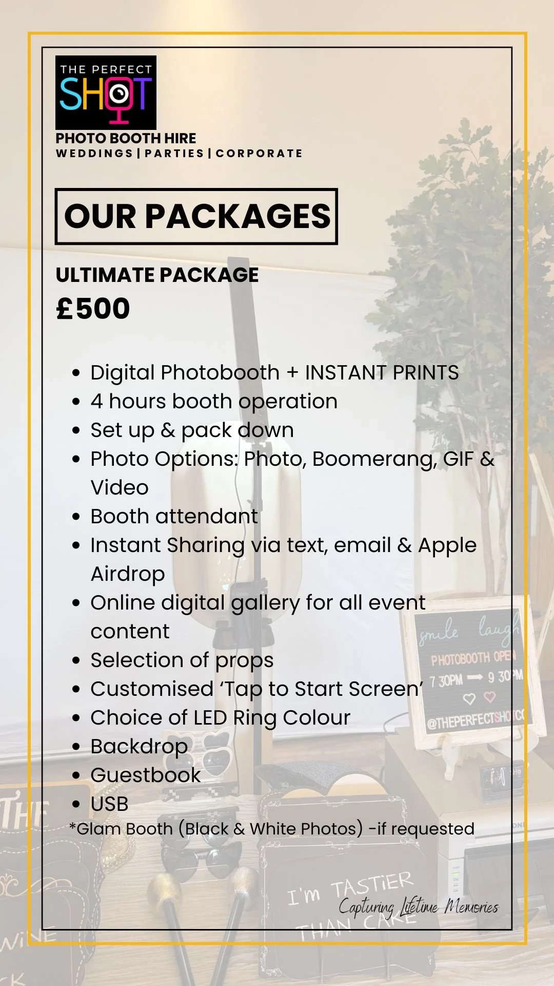 Poster advertising photo booth hire packages, featuring a list of services and prices for weddings, parties, and corporate events, with a background of a photo booth setup and decorative props.