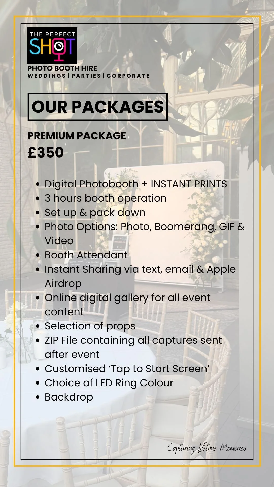 A promotional flyer for The Perfect Shot photo booth hire detailing packages and services for weddings, parties, and corporate events.