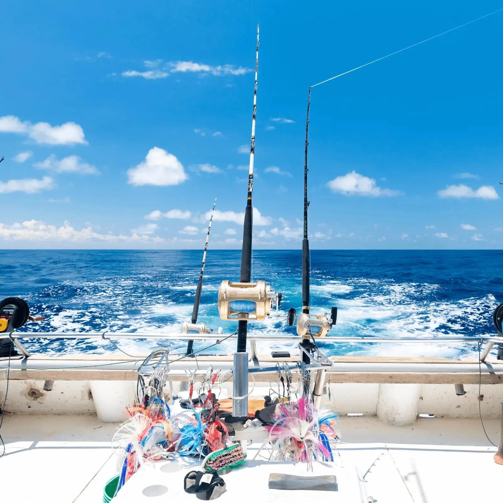 View of deep sea from boat with deep sea fishing reels in Wrightsville Beach, NC
