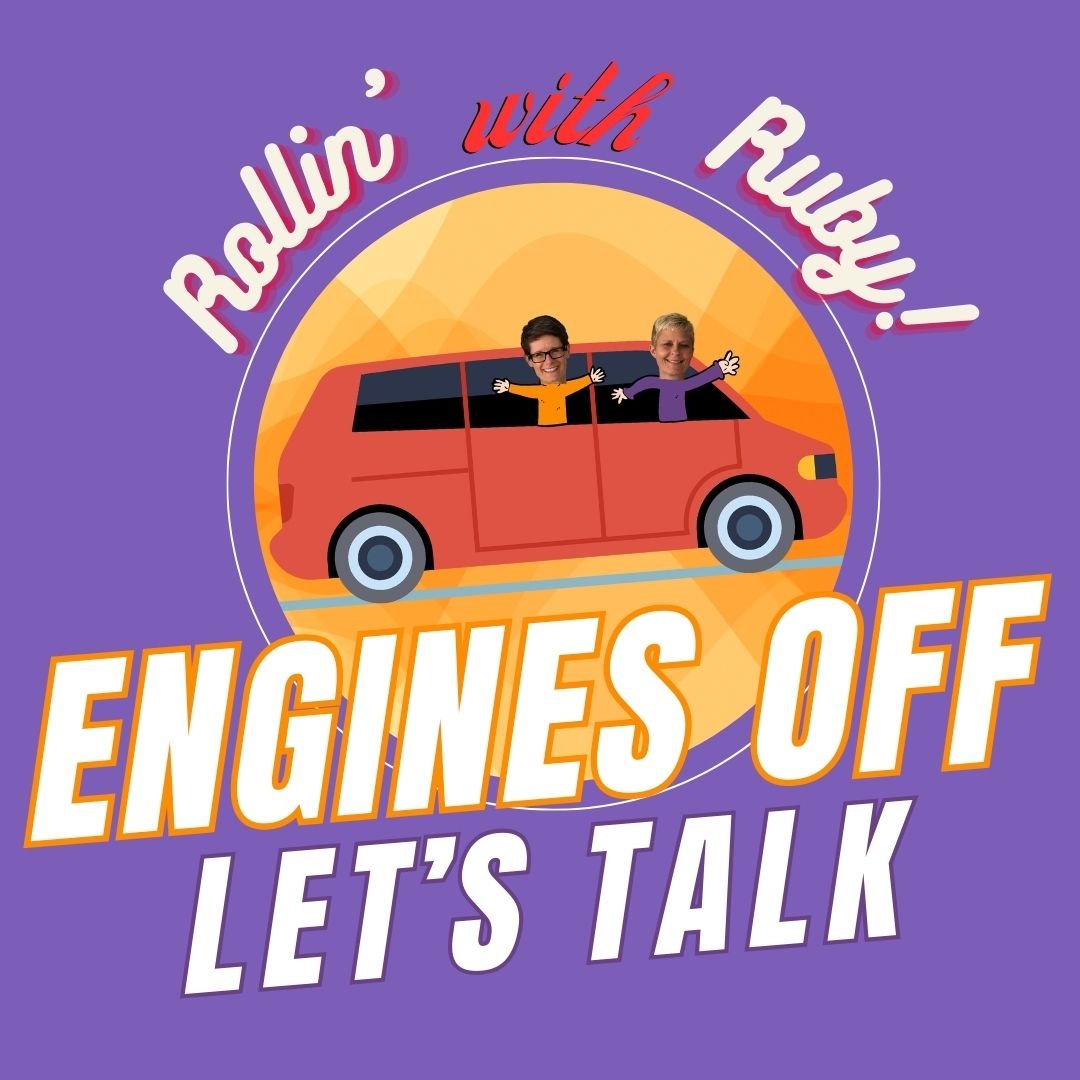Colorful graphic with a purple background, featuring a cartoon red car with two smiling people inside. Text reads 'Rollin' with Ruby! Engines Off Let's Talk' in playful fonts for AECorner Community.