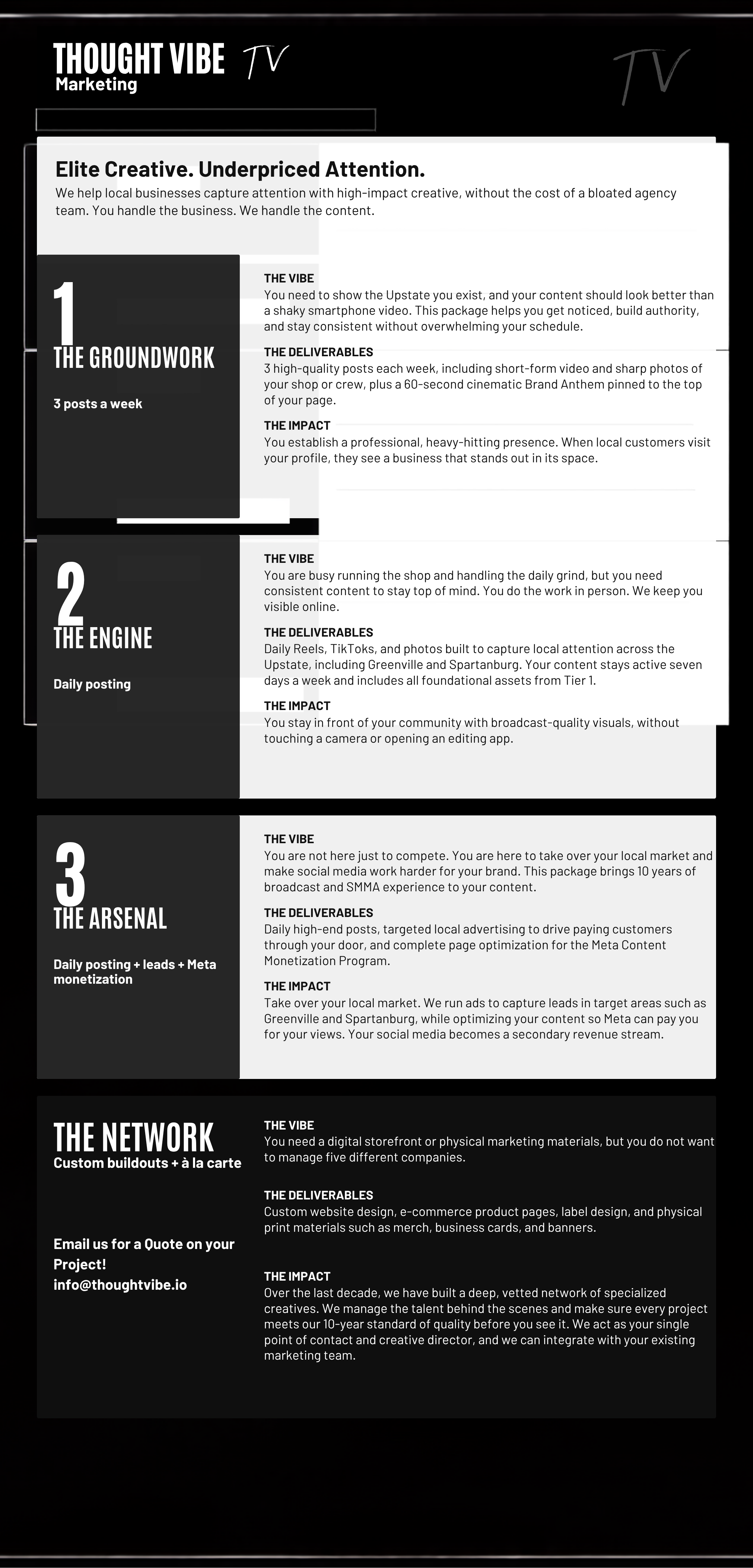 A marketing service flyer titled "Thought Vibe TV." The flyer details four packages called "The Groundwork," "The Engine," "The Arsenal," and "The Network," each explaining their offerings, deliverables, and impact for local businesses. The flyer emphasizes high-quality content, social media management, targeted advertising, and website design, with contact information for quotes and projects.