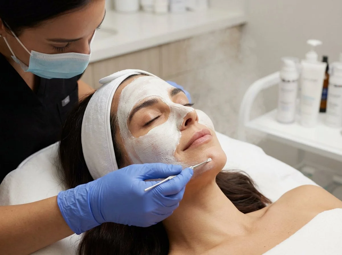 woman in blue gloves applying facial creme