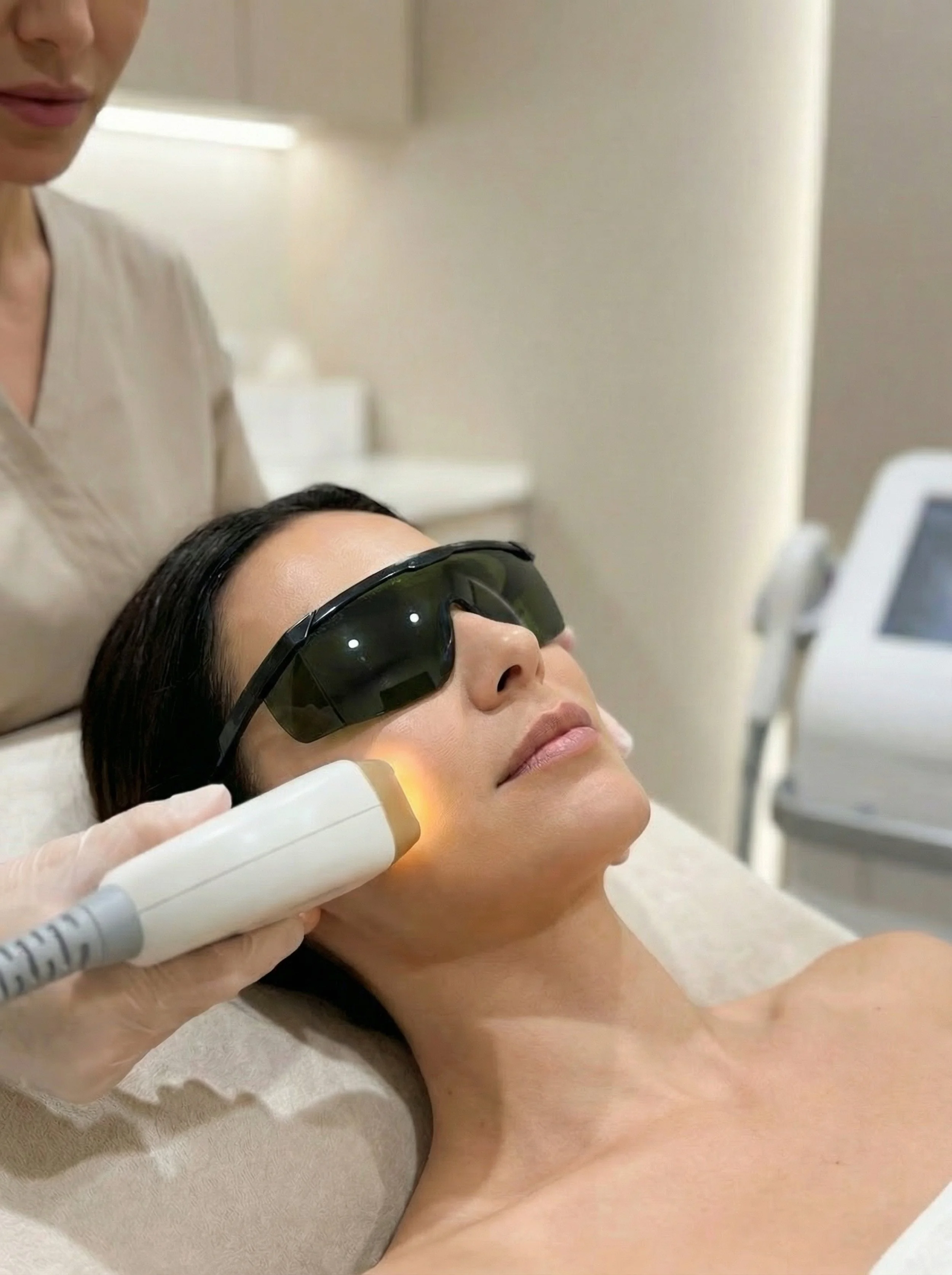Woman lying on a medical chair receiving laser skin treatment, wearing protective goggles, with a healthcare worker holding a laser device nearby.