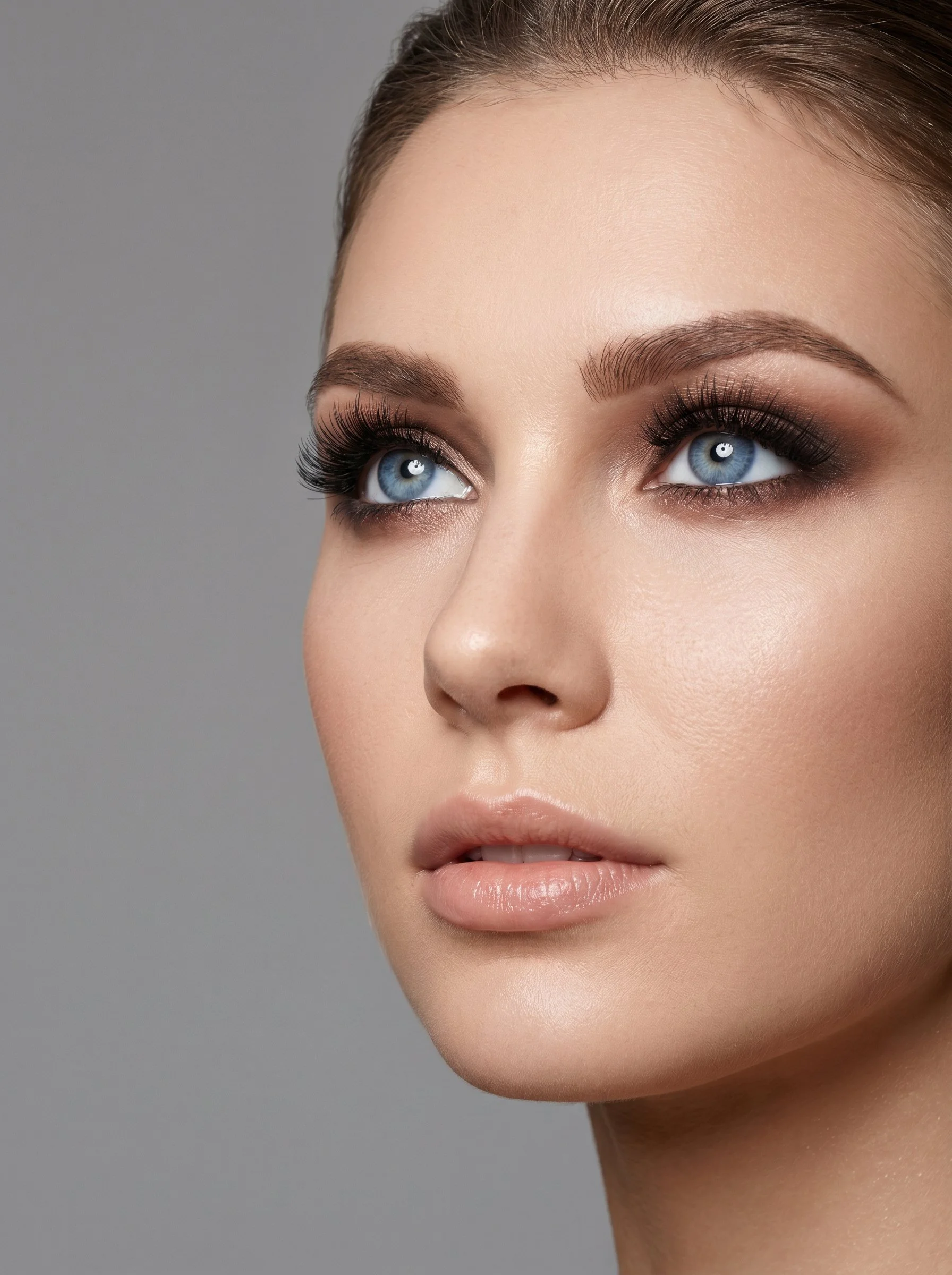 Close-up of a woman's face, showing her blue eyes, makeup, and long eyelashes, looking upward.