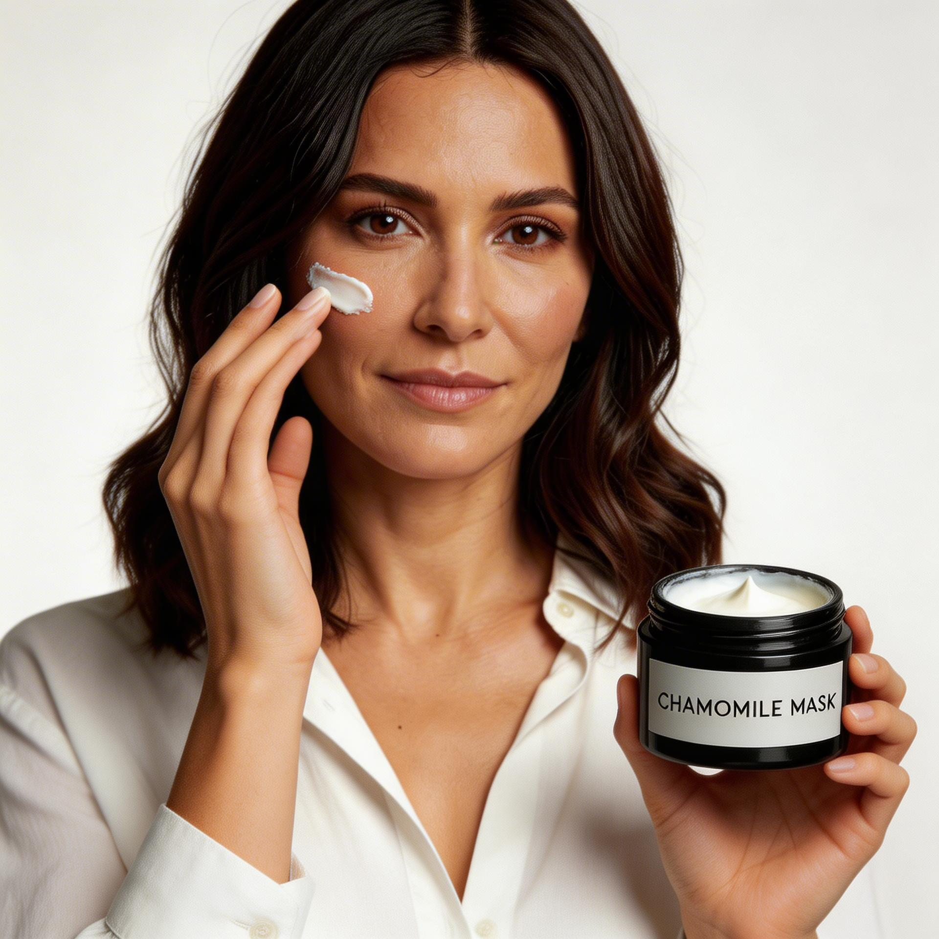 Woman applying chamomile face mask to her cheek, holding a jar labeled 'Chamomile Mask'.