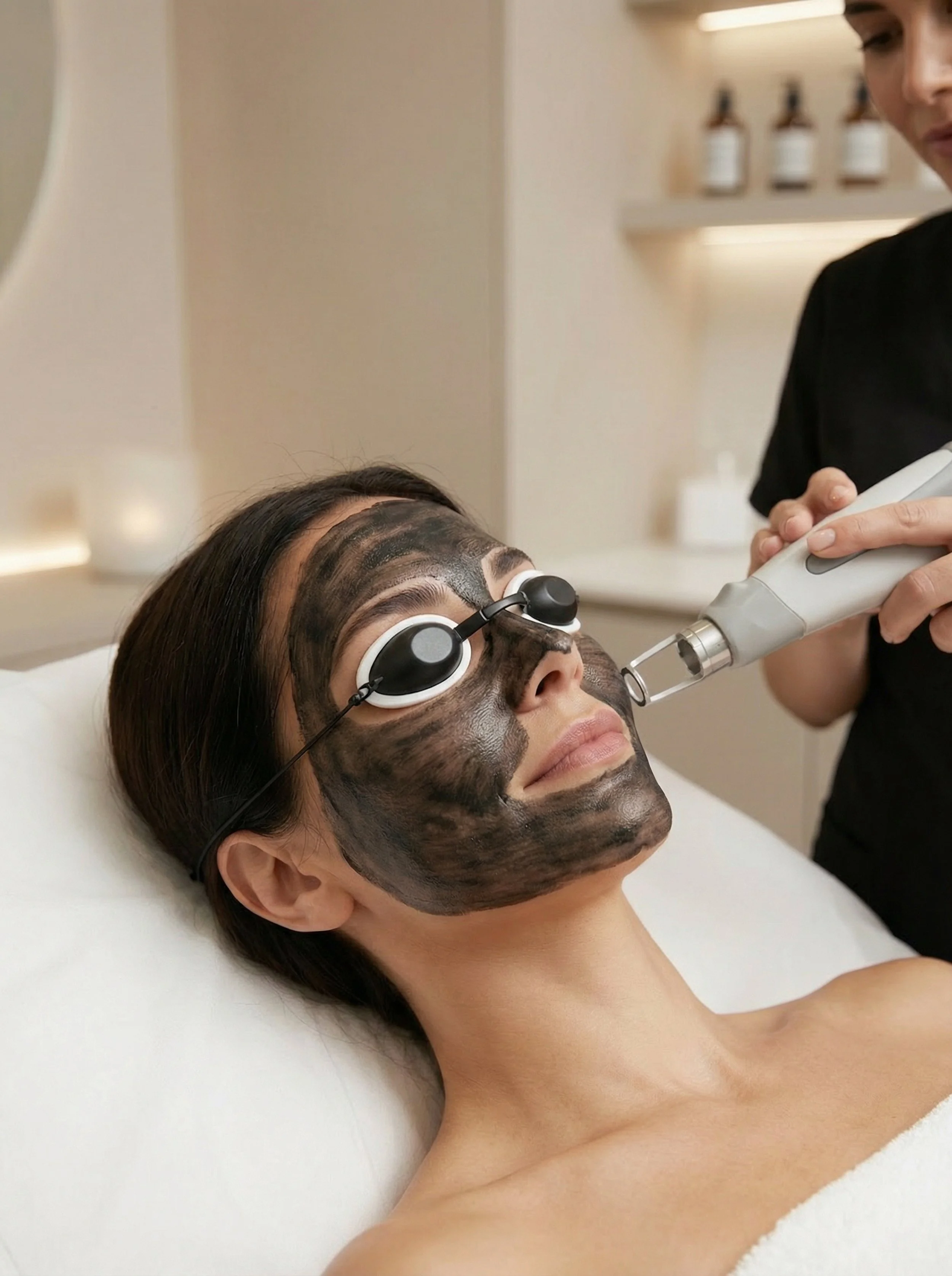 Person lying down during a laser skin treatment with protective eye goggles.