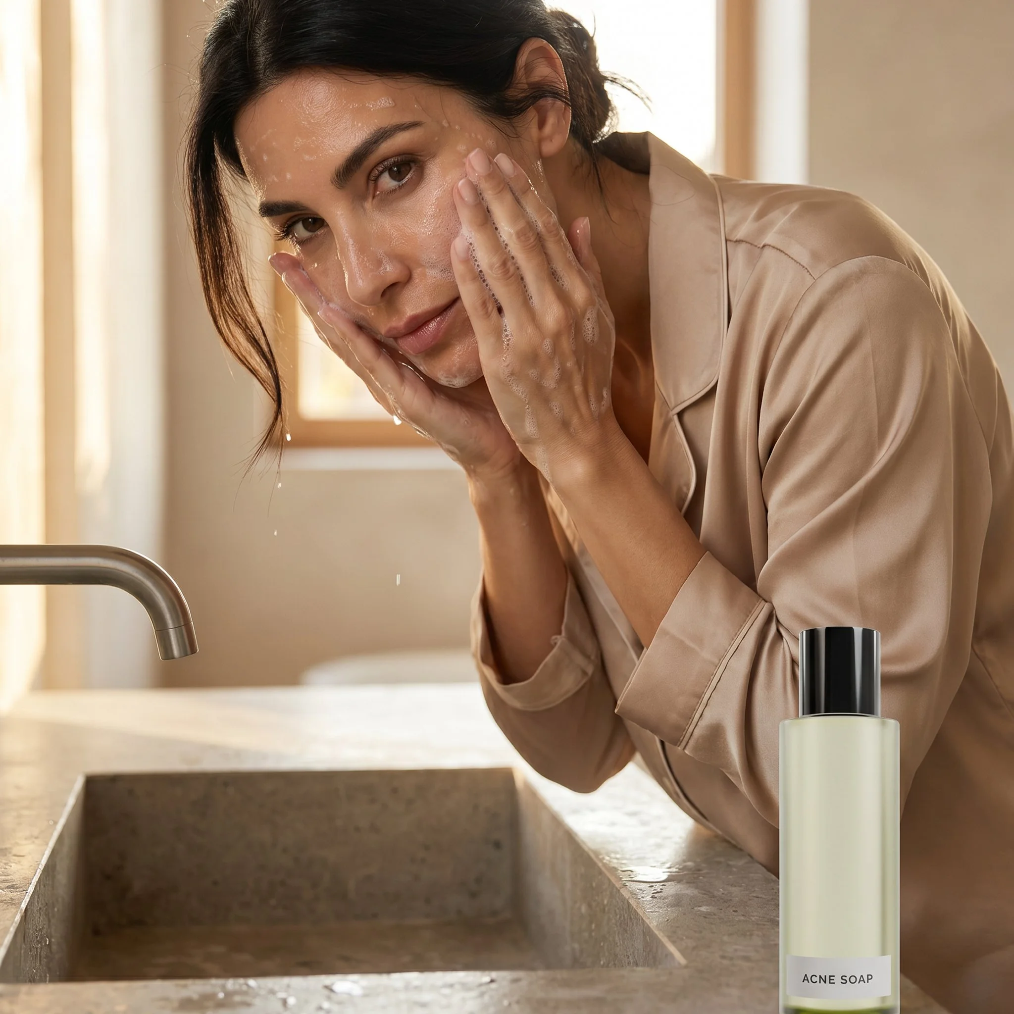 woman washing her face using acne soap from natural way spa shop