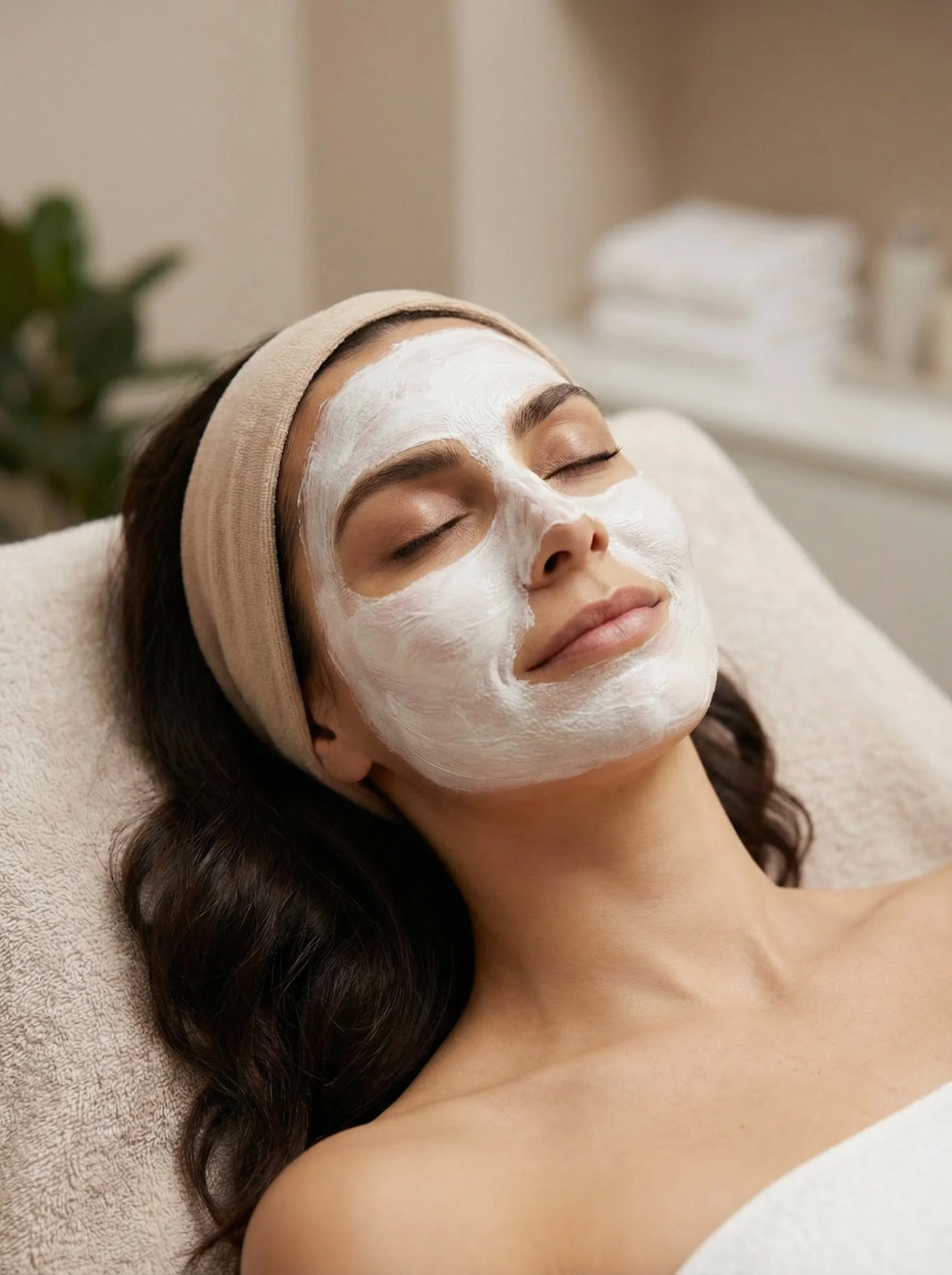 Woman lying with eyes closed, receiving a facial treatment with a white facial mask, wearing a beige headband, in a spa setting.