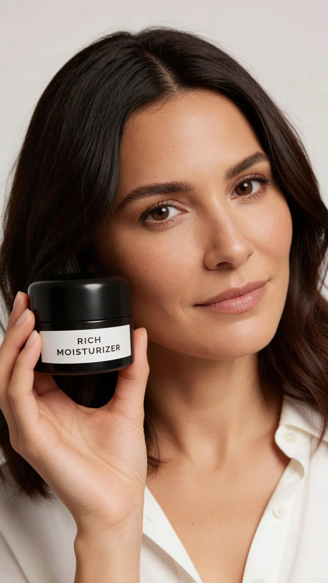 Woman applying chamomile face mask to her cheek, holding a jar labeled 'Chamomile Mask'.