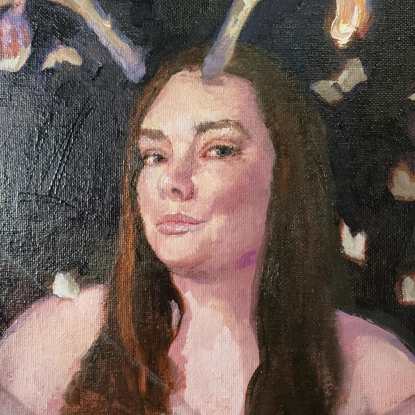 Detail Sneak peek at a painting in progress that will be a part of an exhibition with @moderneden  coming up, featuring one of my beautiful friends @lindsaybeardall  as the goddess that she is 🥰
.
.
#leonagamble #moderneden #hecate #fire #torch #ant