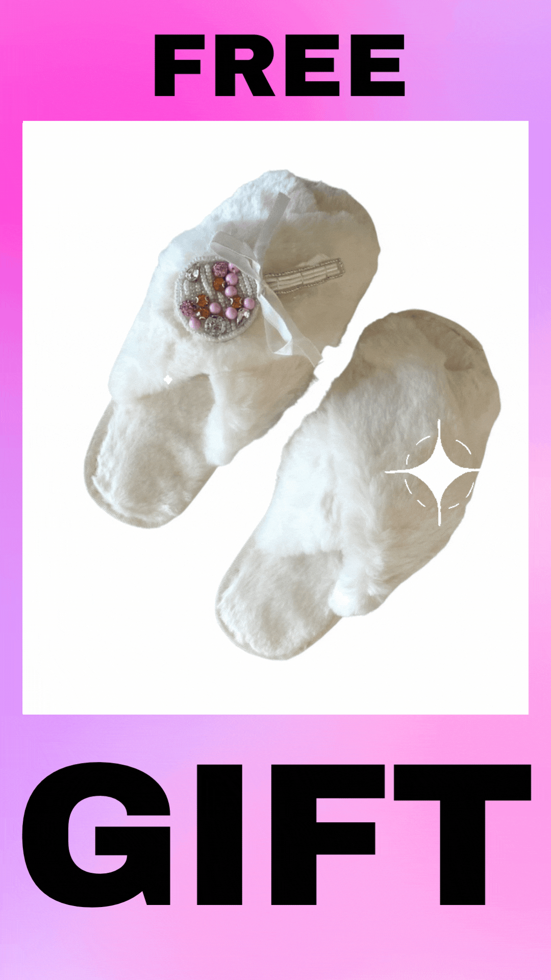 White Fluffy Slippers with Pink Lollipop Brooch