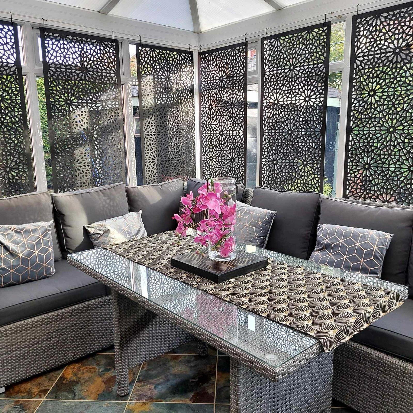 Such a creative use of our large Moucharabiya screens! 

We just love what our client has done here, using our decorative screens as window coverings for enhanced privacy while still allowing light to pass through their conservatory. 

Hurry and get 