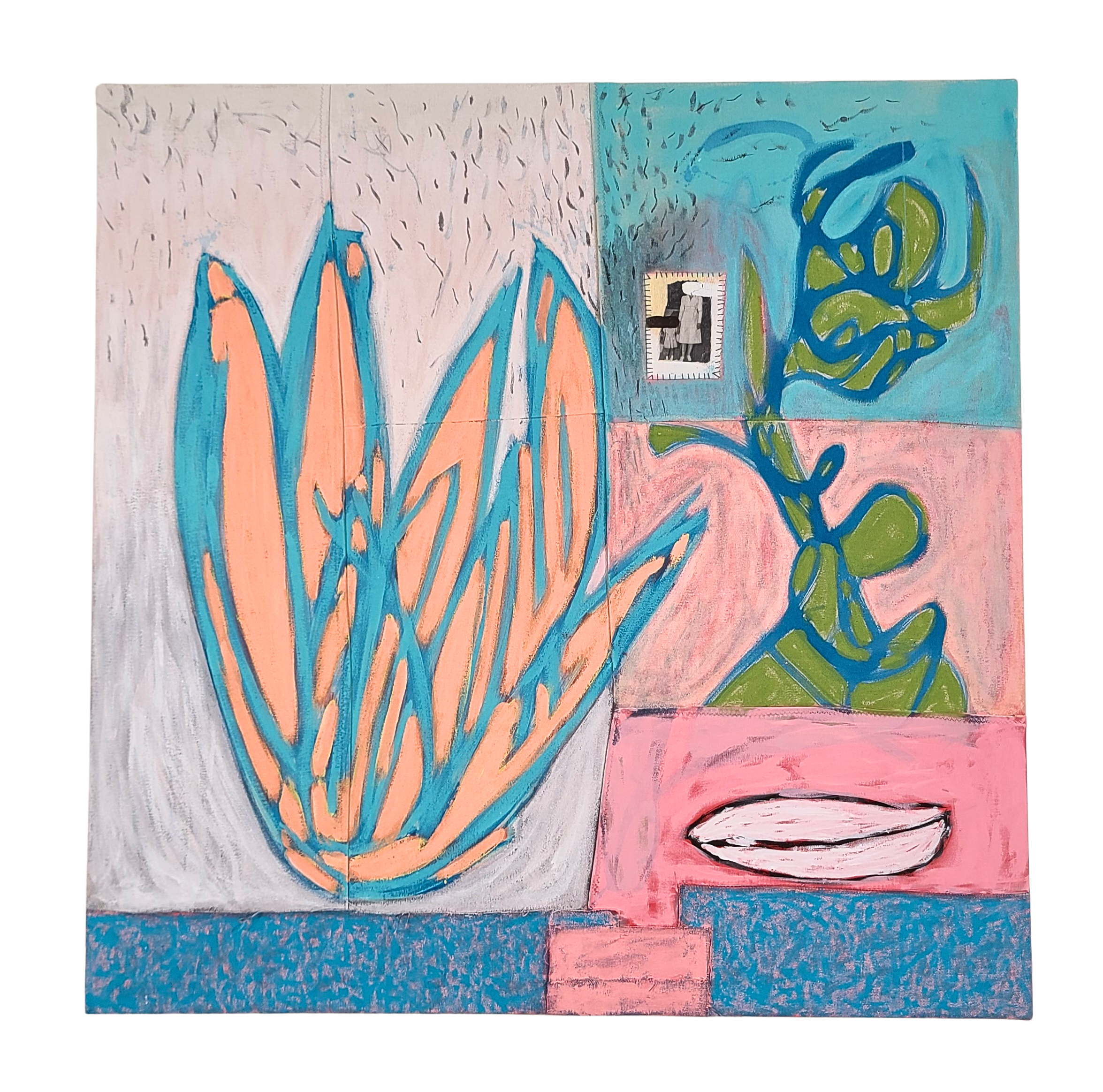 Mistakes were made
2026
40" x 40" Acrylic, collage and hand stitching on canvas
