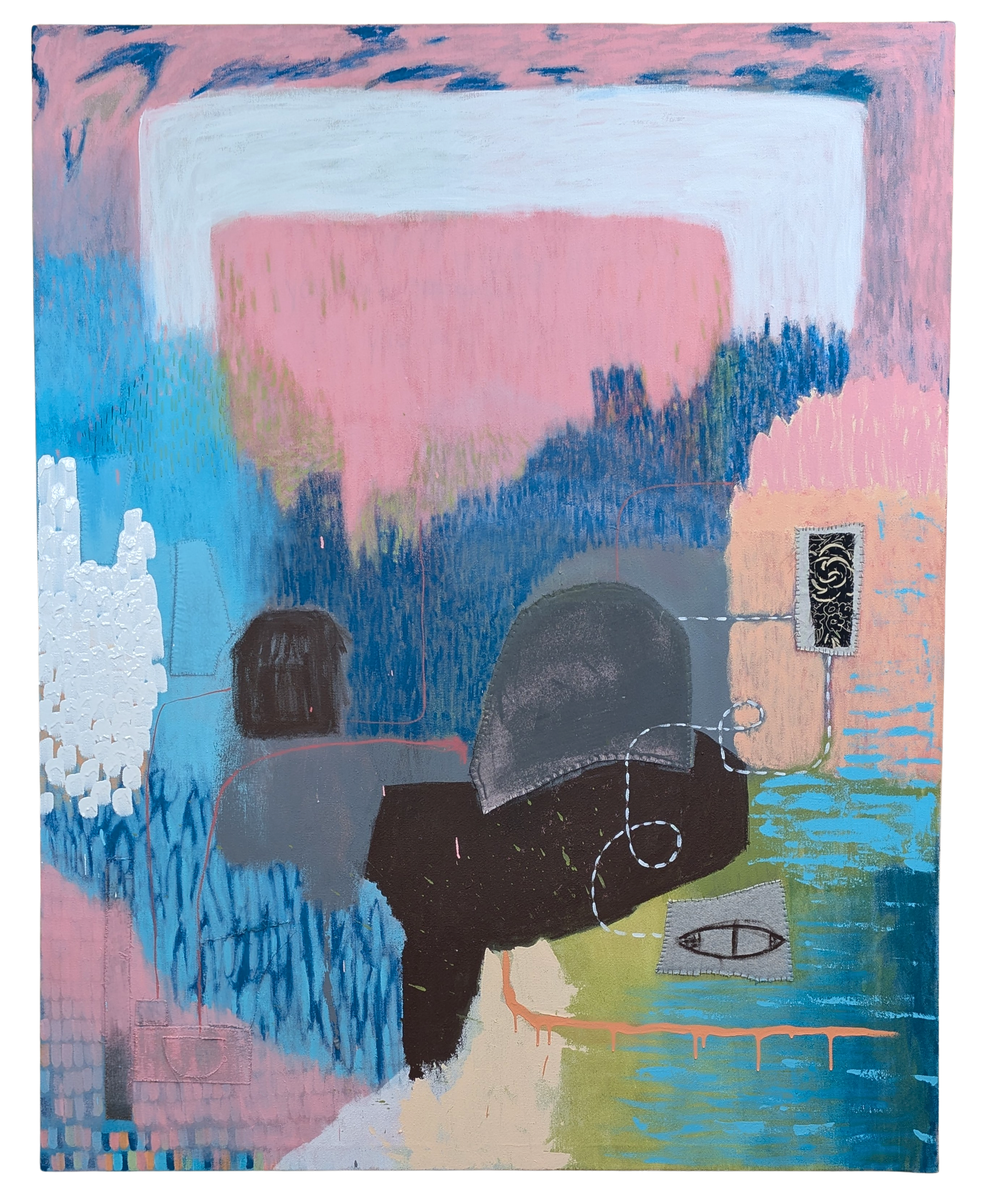 Rainbow trout and maple syrup
2026
Acrylic, hand stitched textiles, thread on canvas
48" x 60"