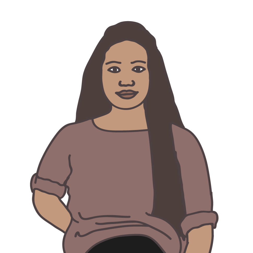 A person with light brown skin and long dark hair stands and looks directly ahead