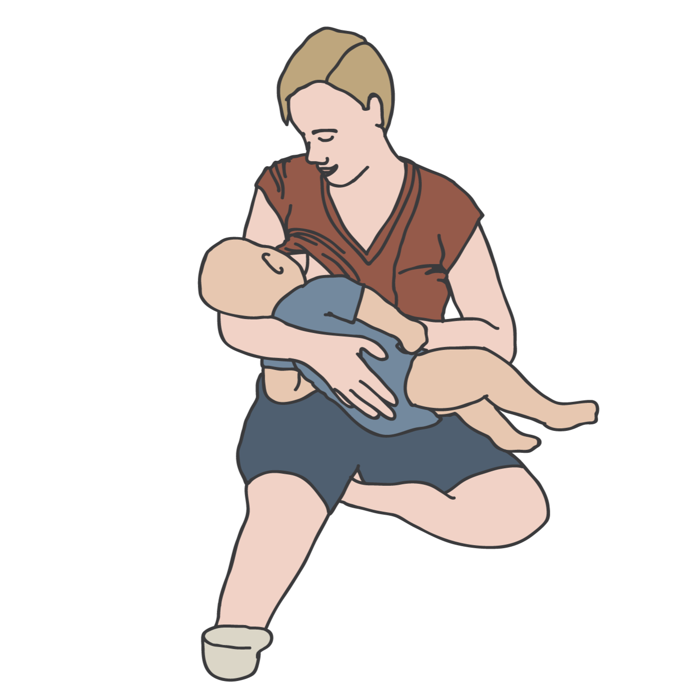 A white person with short blonde hair feeds a baby from their chest.