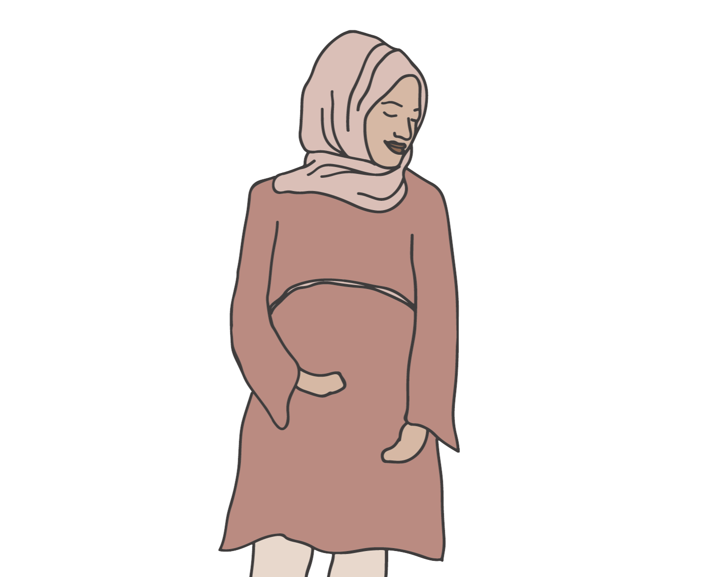 A person in a hijab looks downward with her arms around her pregnant belly.