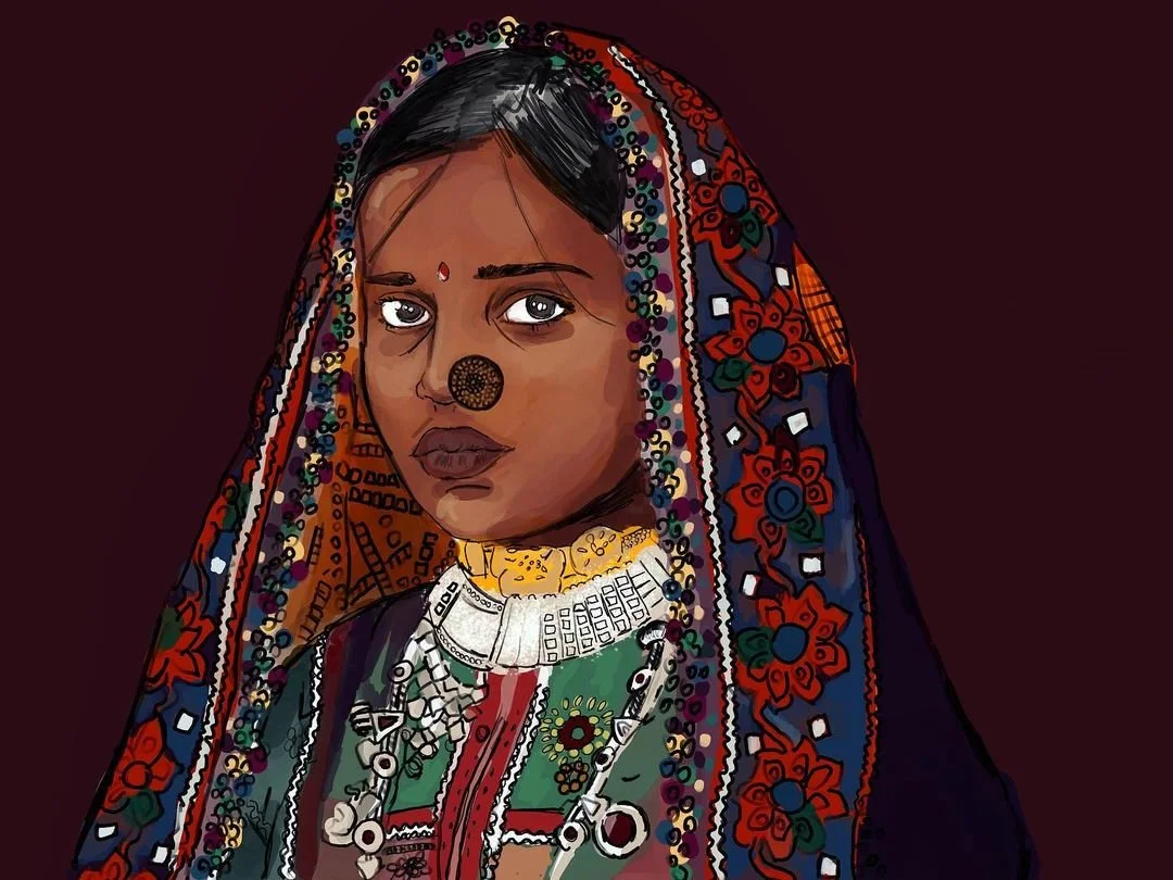A digital illustration of a young woman wearing traditional Indian attire, including a colorful dupatta with floral embroidery, necklaces, and a nose ring.