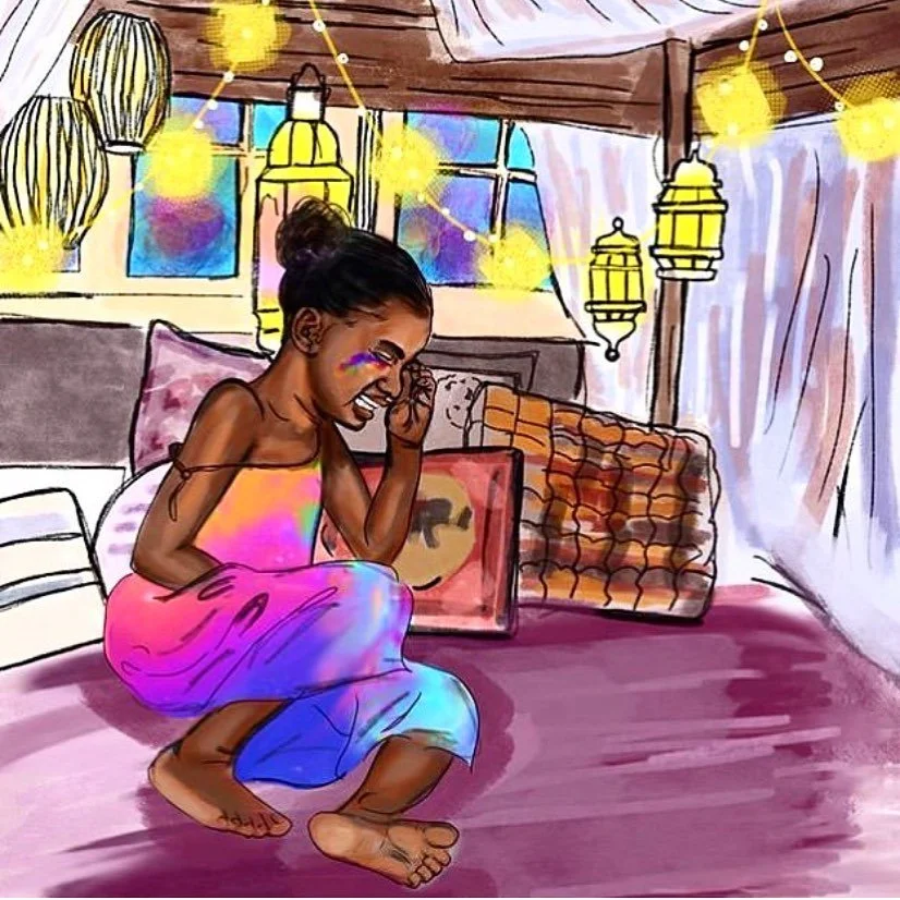 A young girl with face paint sitting on a bed in a cozy room decorated with hanging lanterns and string lights, smiling and looking at a framed picture of an elephant.