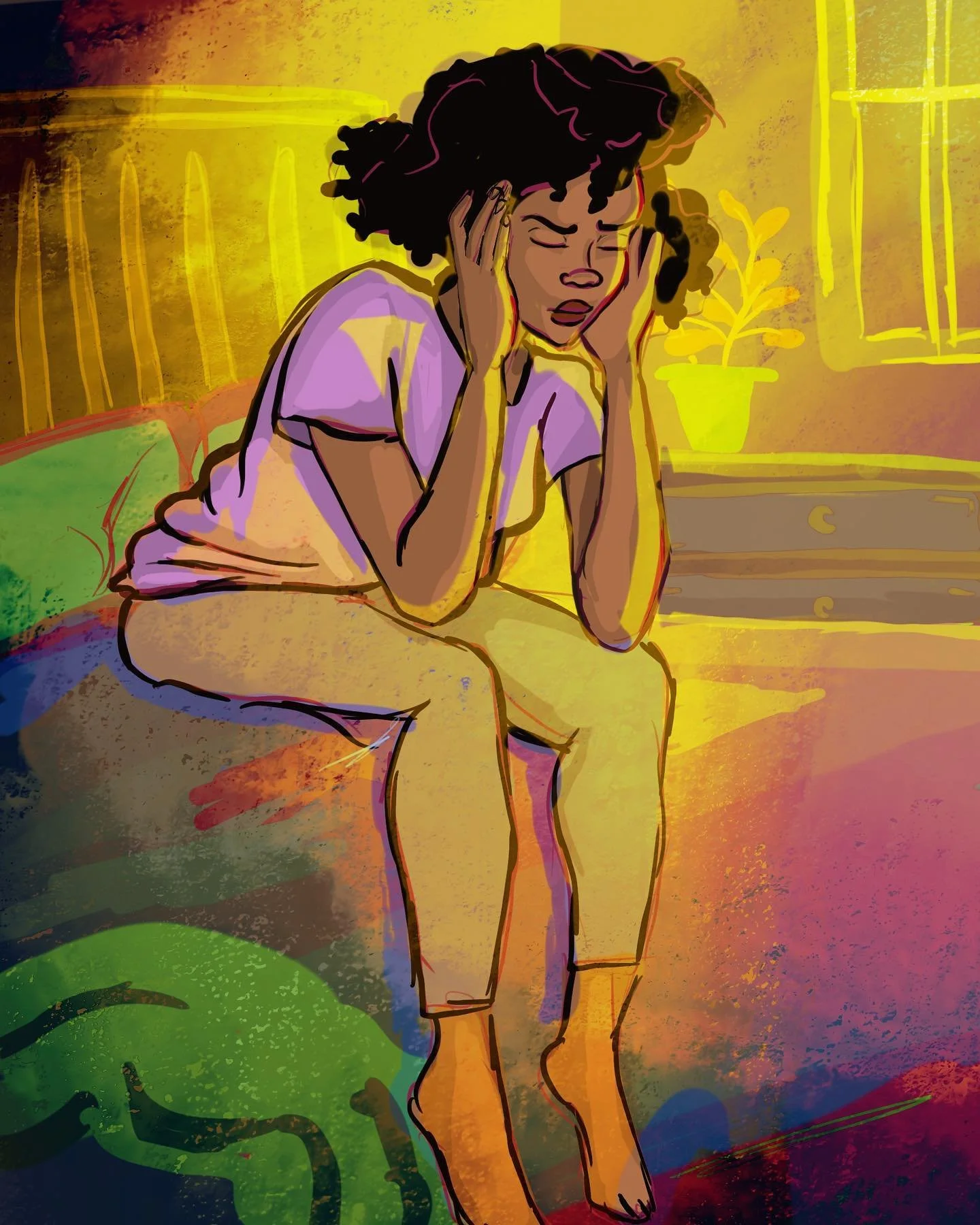 A woman sitting on the floor, holding her head with both hands, appearing distressed or upset, with a colorful background of yellow walls, a window, and a potted plant.