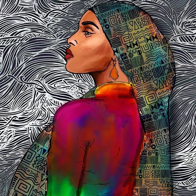 A colorful artistic illustration of a woman in profile with long, patterned hair, wearing a red top and a large orange earring, set against a black and white abstract background.