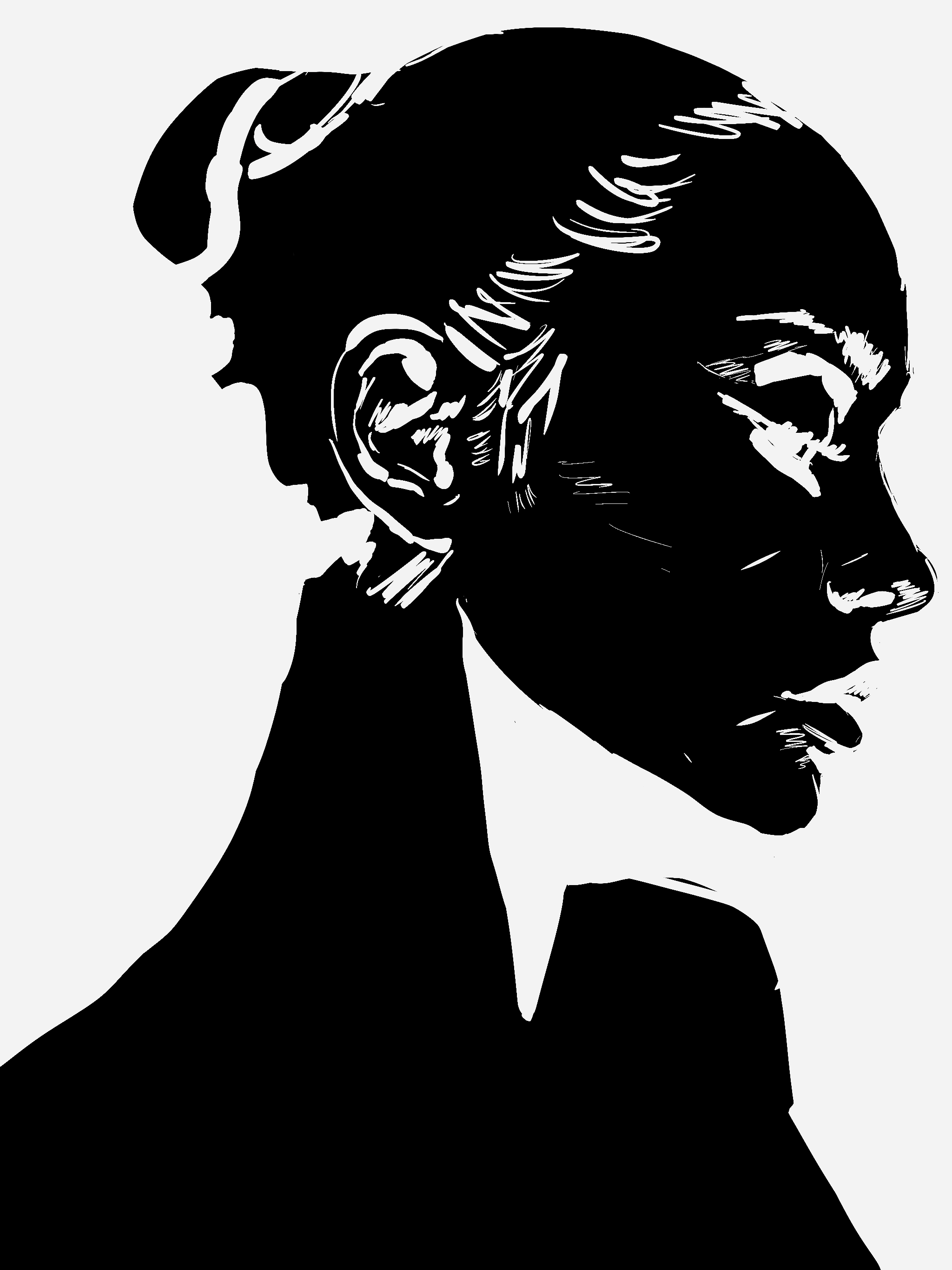 Silhouette of a woman wearing glasses and a suit, with her hand on her chin, looking thoughtful.