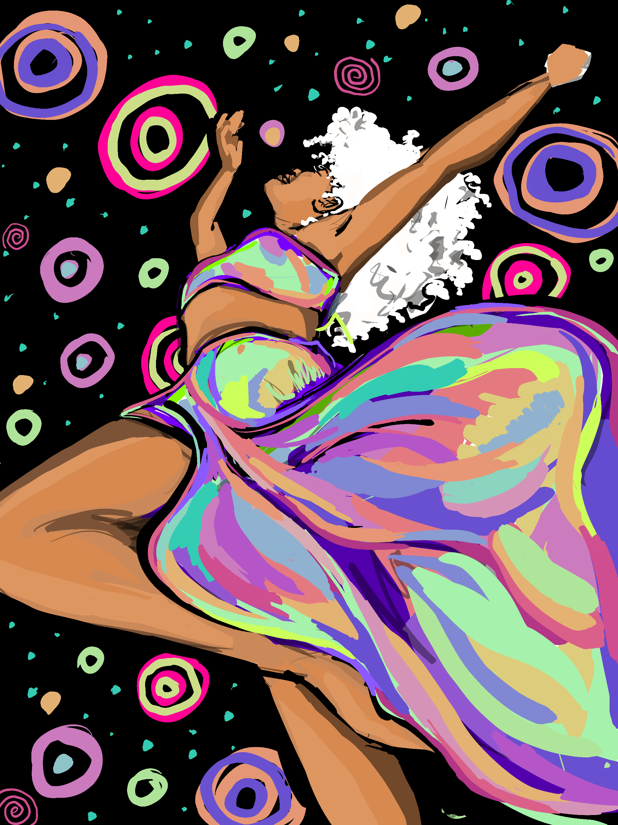 Digital artwork depicting a woman dancing in a vibrant, colorful costume with swirling patterns, set against a black background with abstract, colorful circles and spirals.