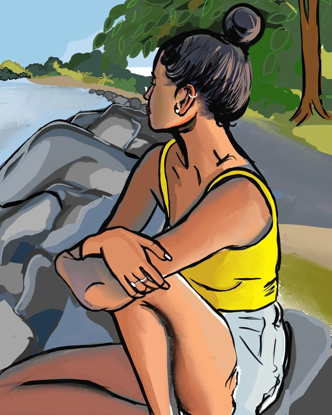 A cartoon woman with dark hair styled in two buns, wearing a yellow tank top, sitting on rocks by a river, looking to the left, with trees and greenery in the background.