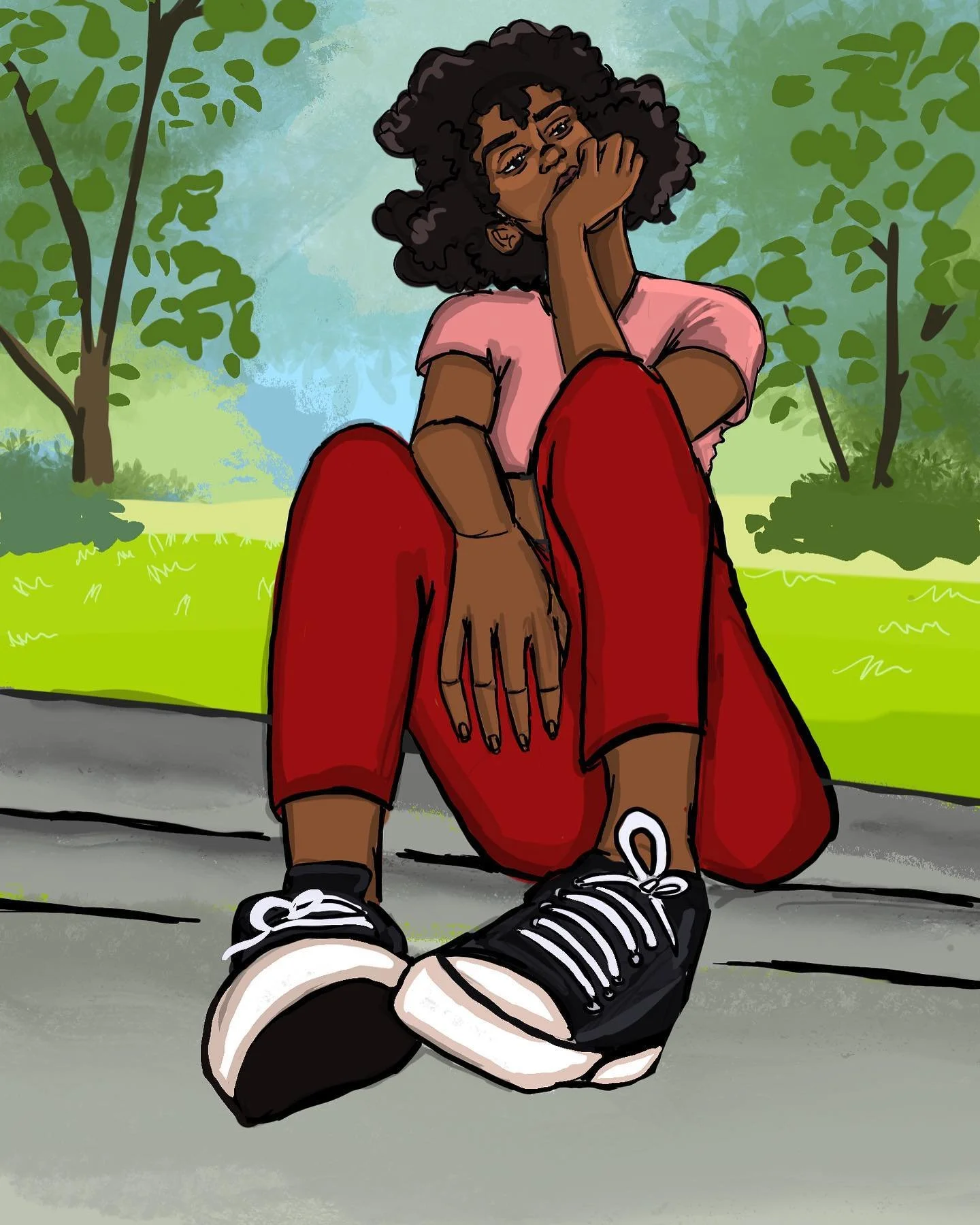 A person with dark curly hair sitting on the ground with their hand resting on their face, wearing a pink shirt, red pants, and black sneakers, with a skate shoe in the foreground, outdoors with trees and greenery in the background.