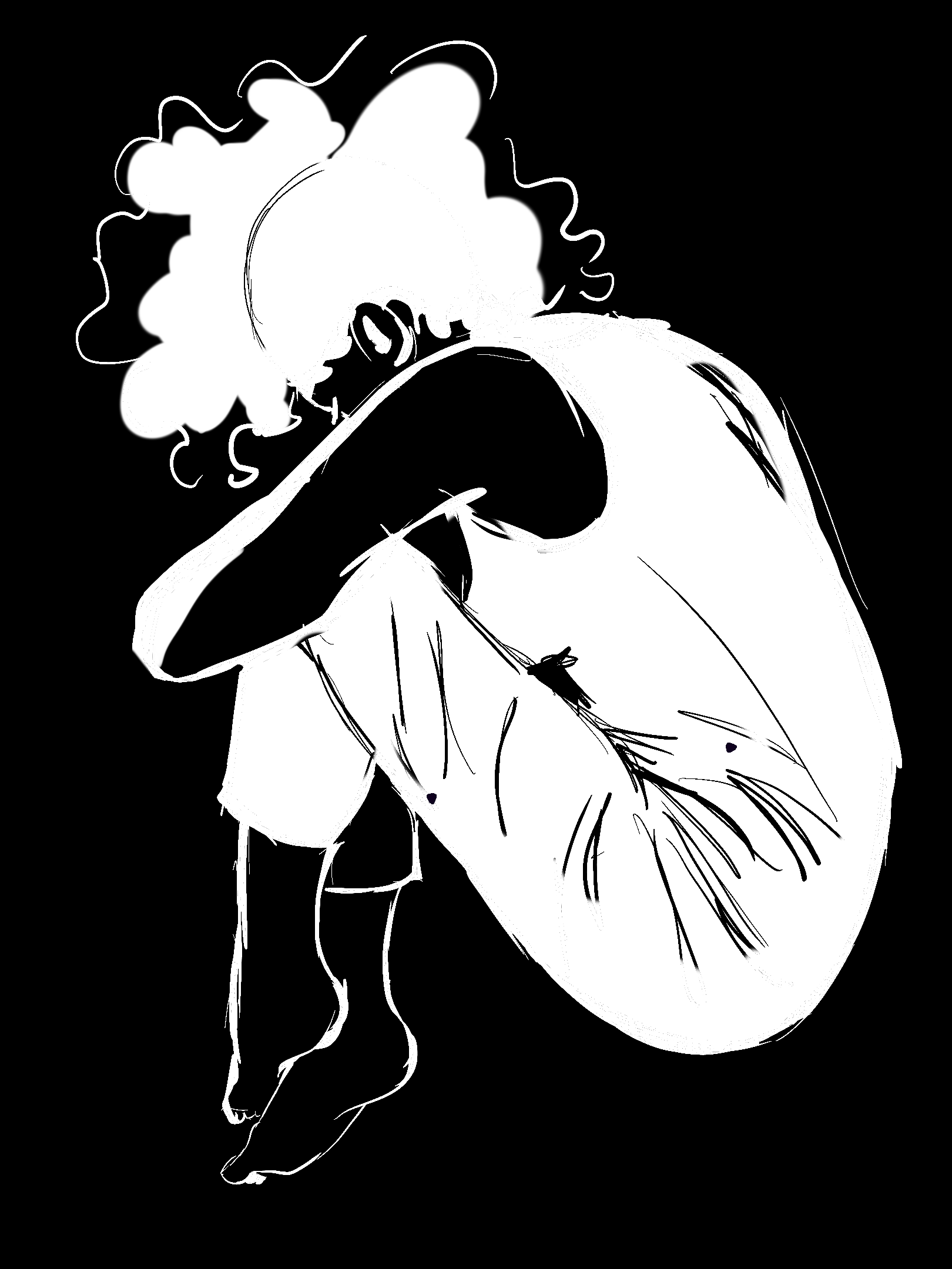 A black and white sketch of a person with curly hair, wearing a shirt, with one hand near their face.