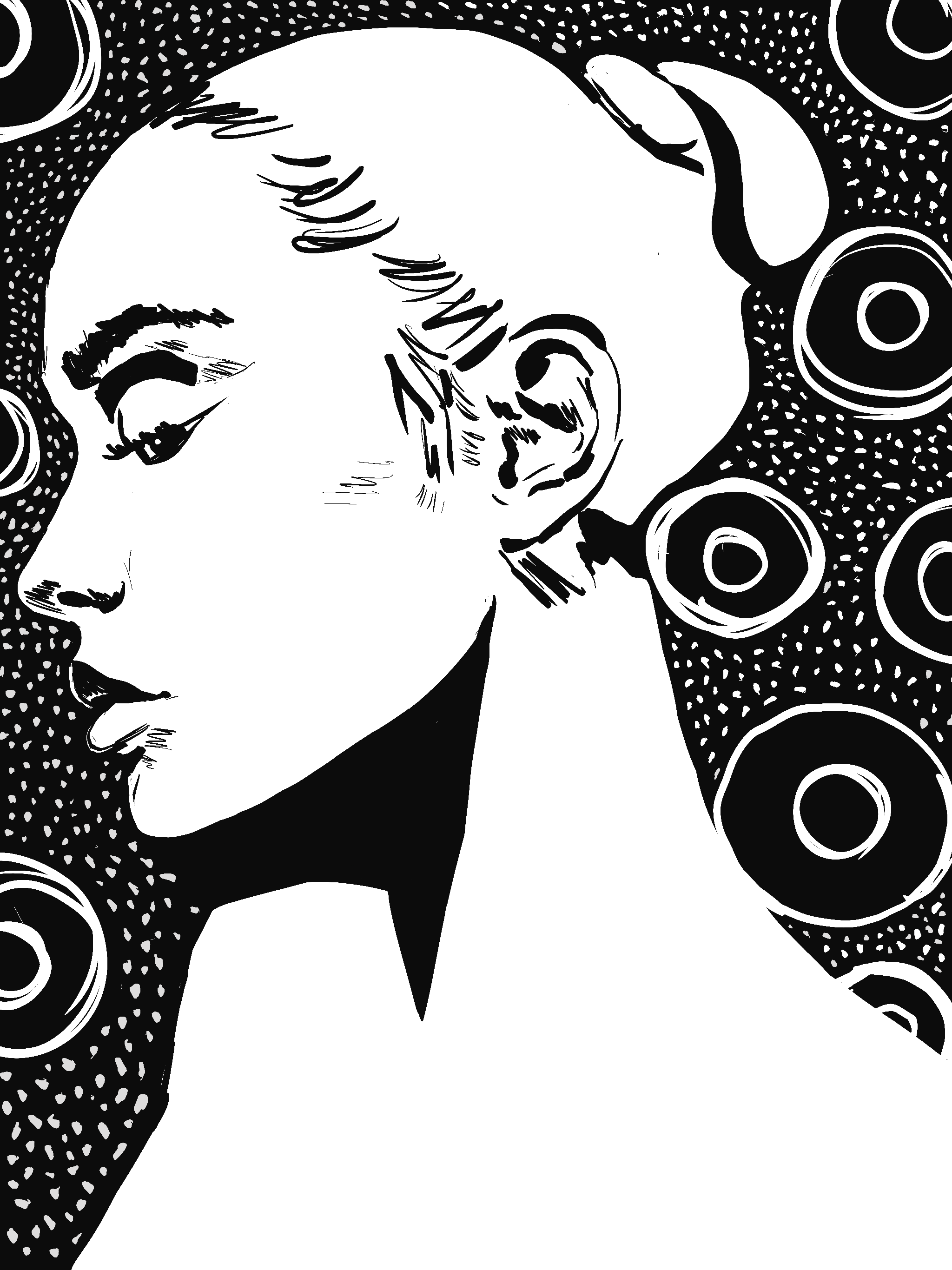 Black and white line drawing of a woman with short hair and earrings, surrounded by a pattern of concentric circles and dotted backgrounds.