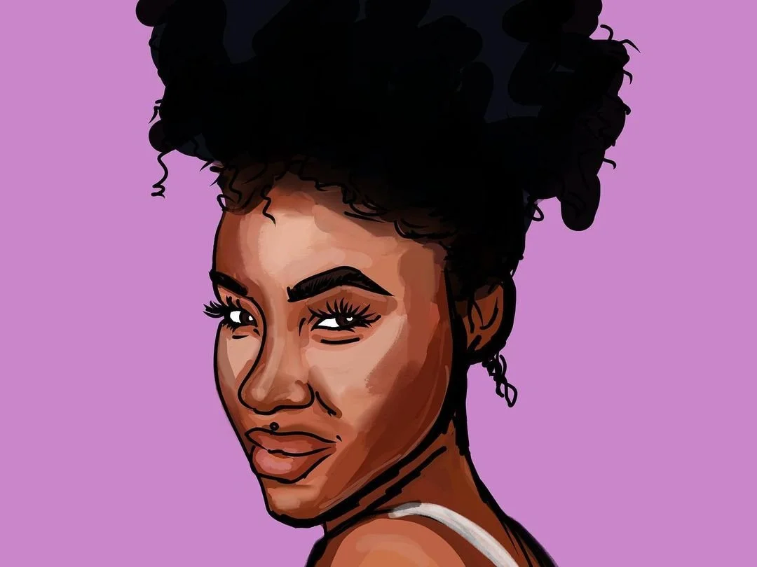 Digital illustration of a young woman with dark skin, curly black hair styled in a high puff, and a confident expression, against a purple background.
