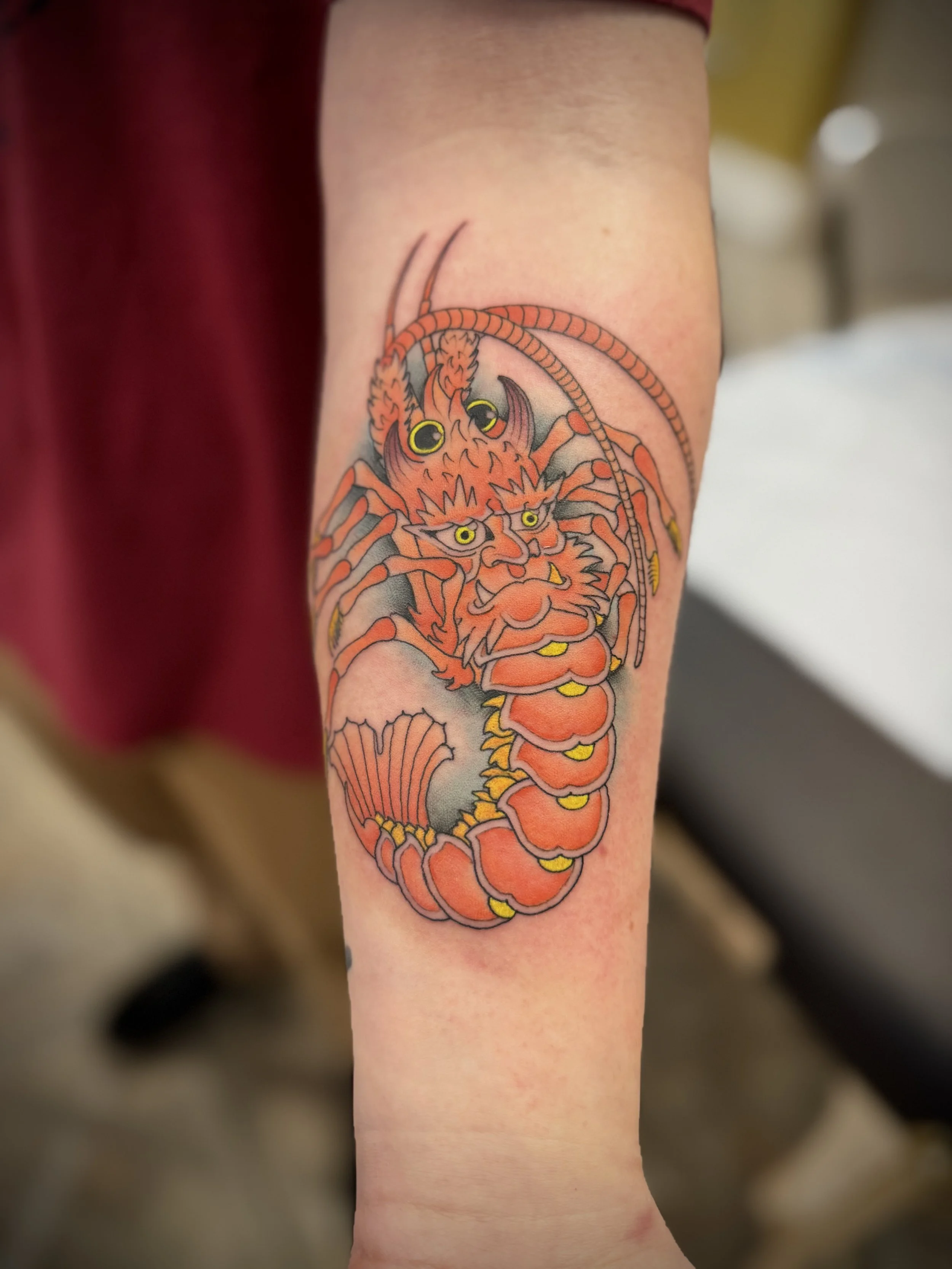 Lobster Oni Forearm Flash Piece, full color