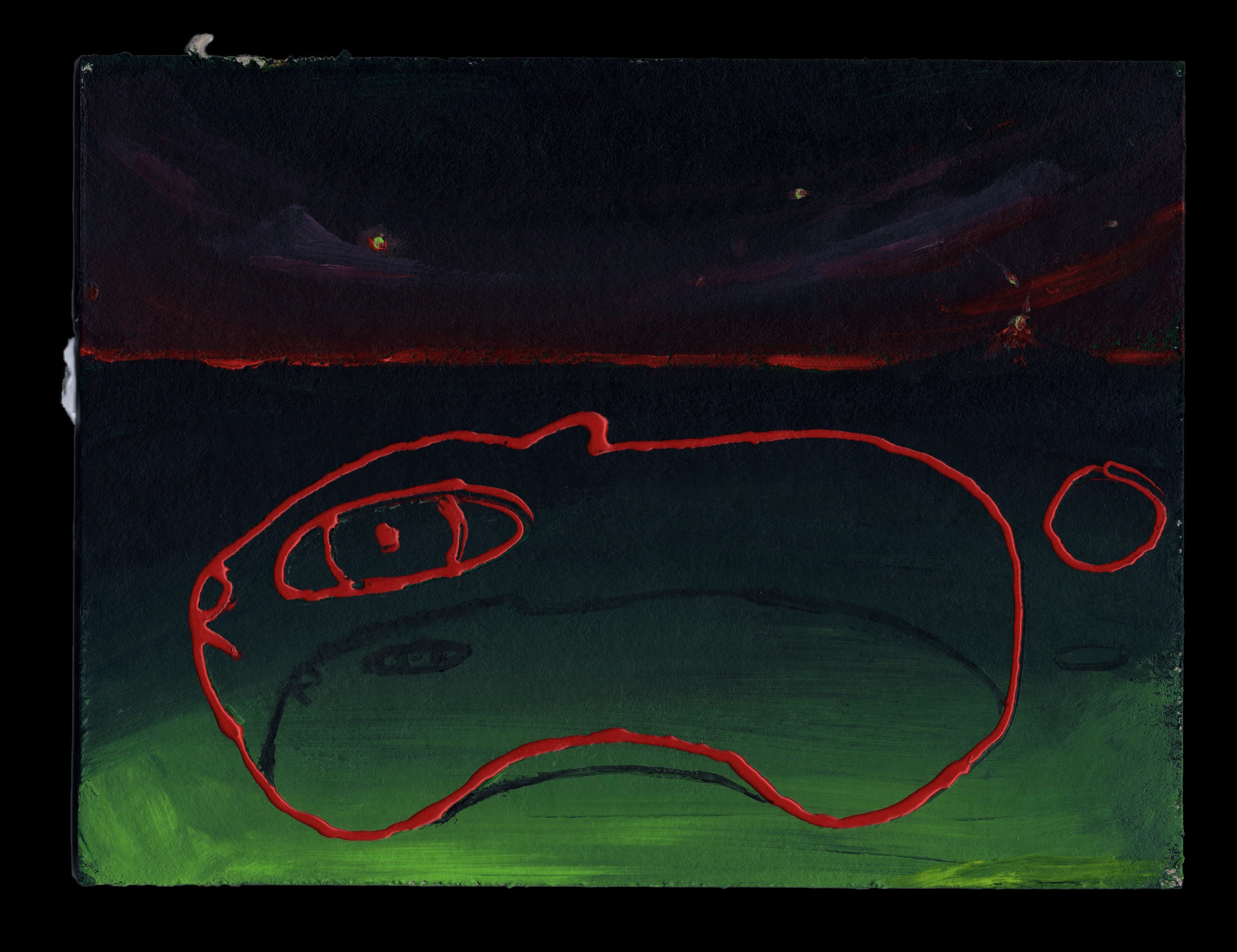 A painting with a black background, featuring red lines and some red and greenish circular shapes, along with some purple and white streaks or textures.