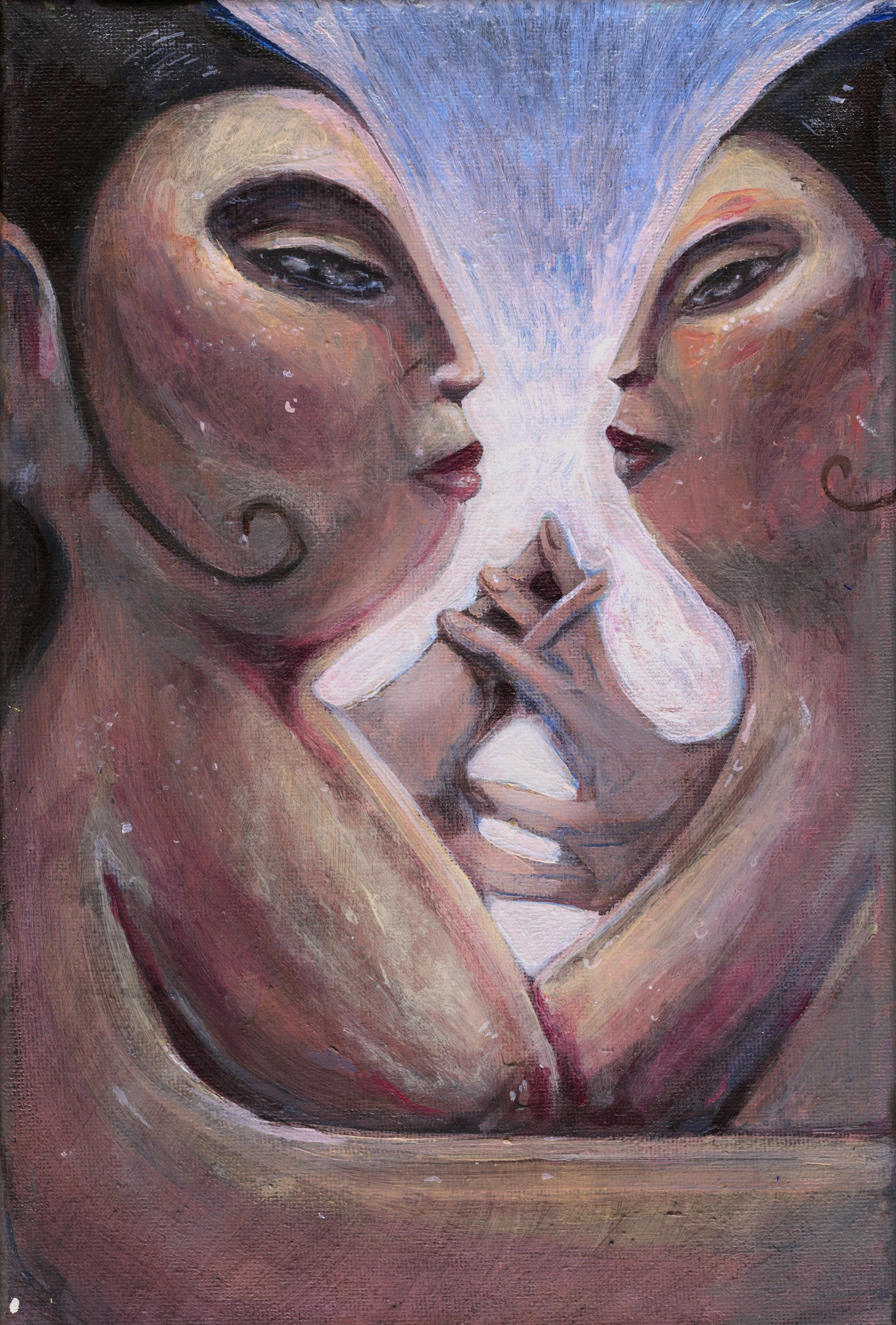 Painting of a woman with a contemplative expression, dark hair, and makeup, with hands in front of her face, in a stylized, expressive art style.