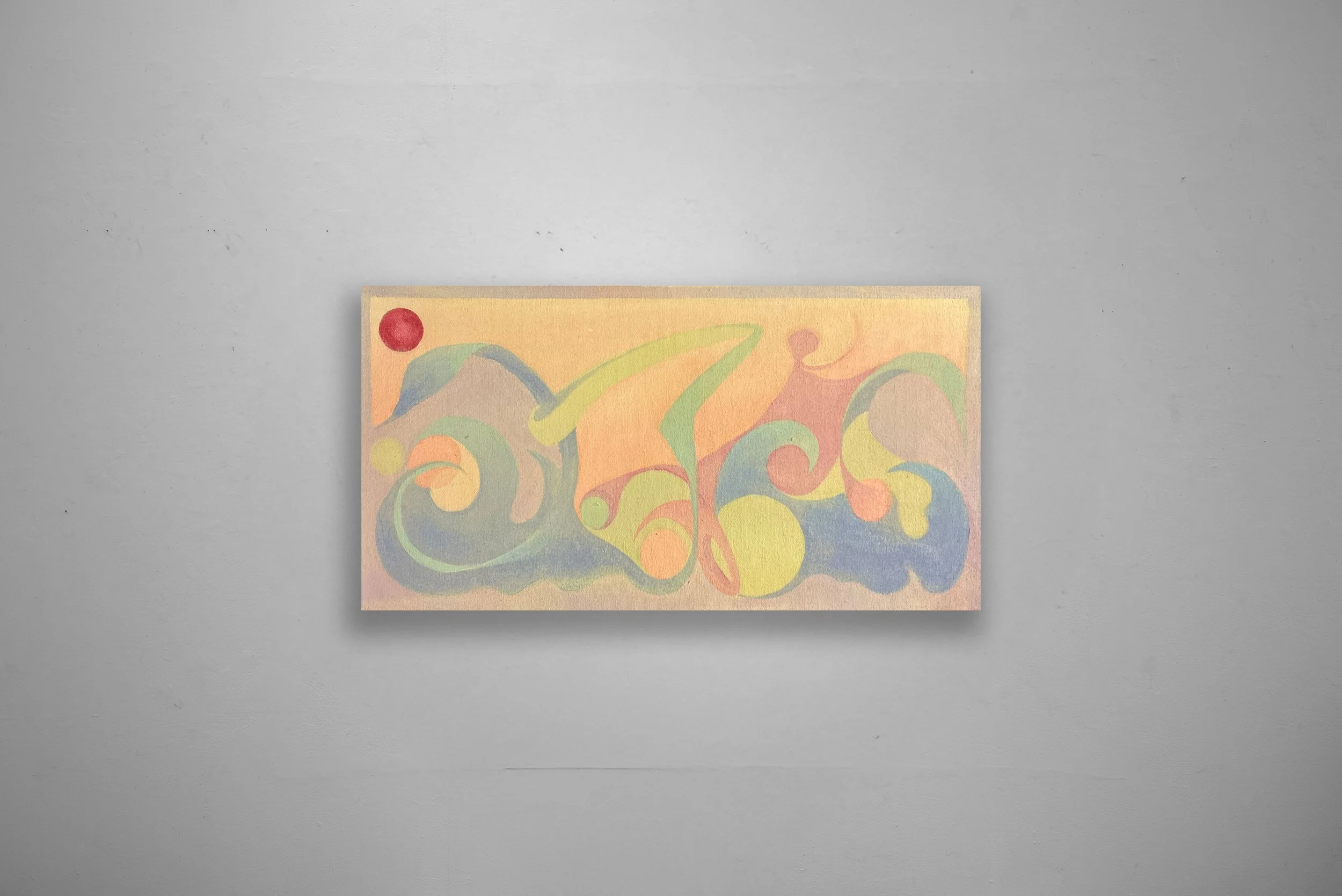 Abstract pastel-colored swirling shapes on a canvas, mounted on a gray wall.