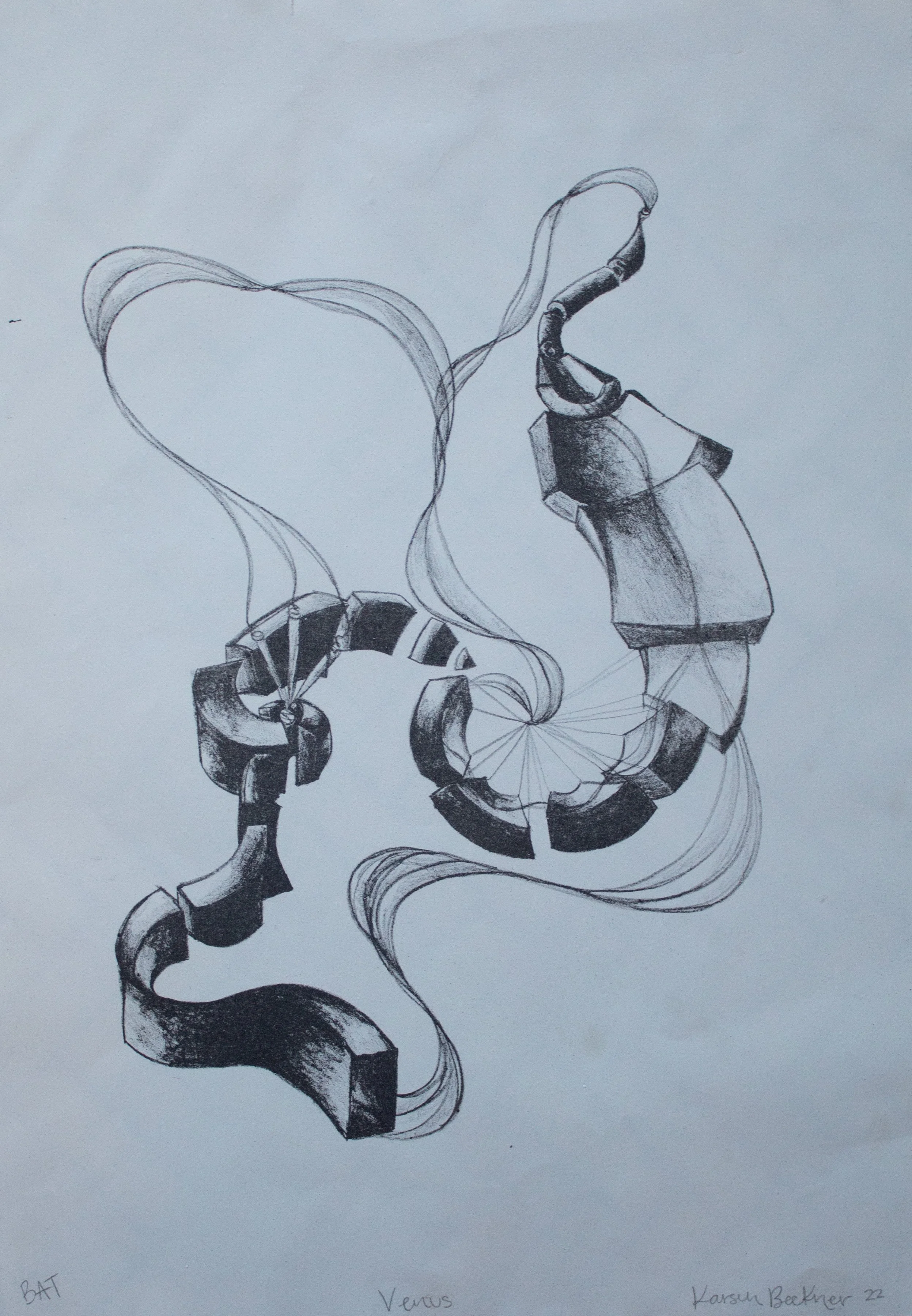 A pencil sketch titled 'Venus' depicting a distorted, surreal figure with flowing ribbon-like extensions, a face with a prominent eye, and an unusual abstract form.
