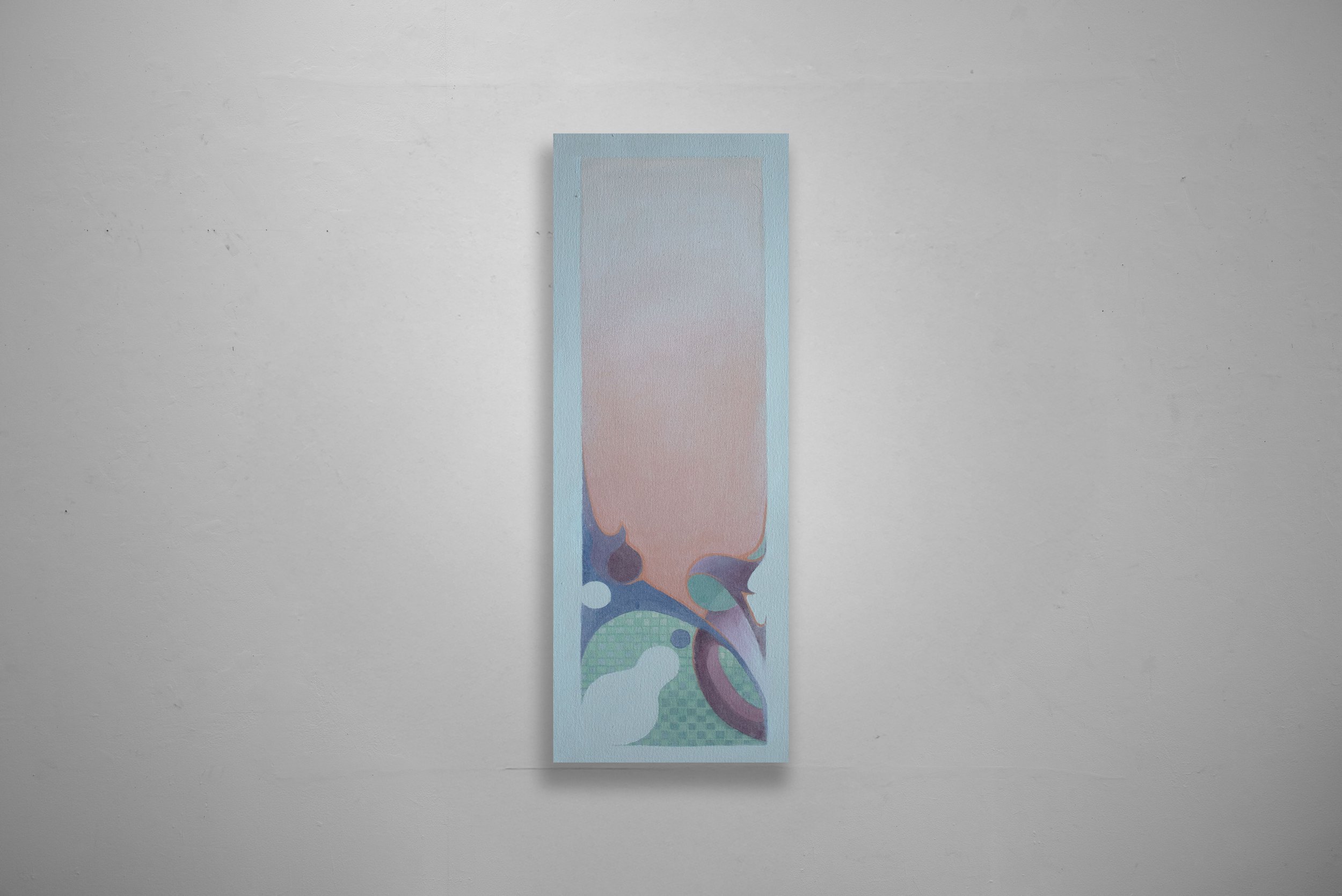Abstract painting with soft pastel colors on a tall rectangular canvas hanging on a plain wall.
