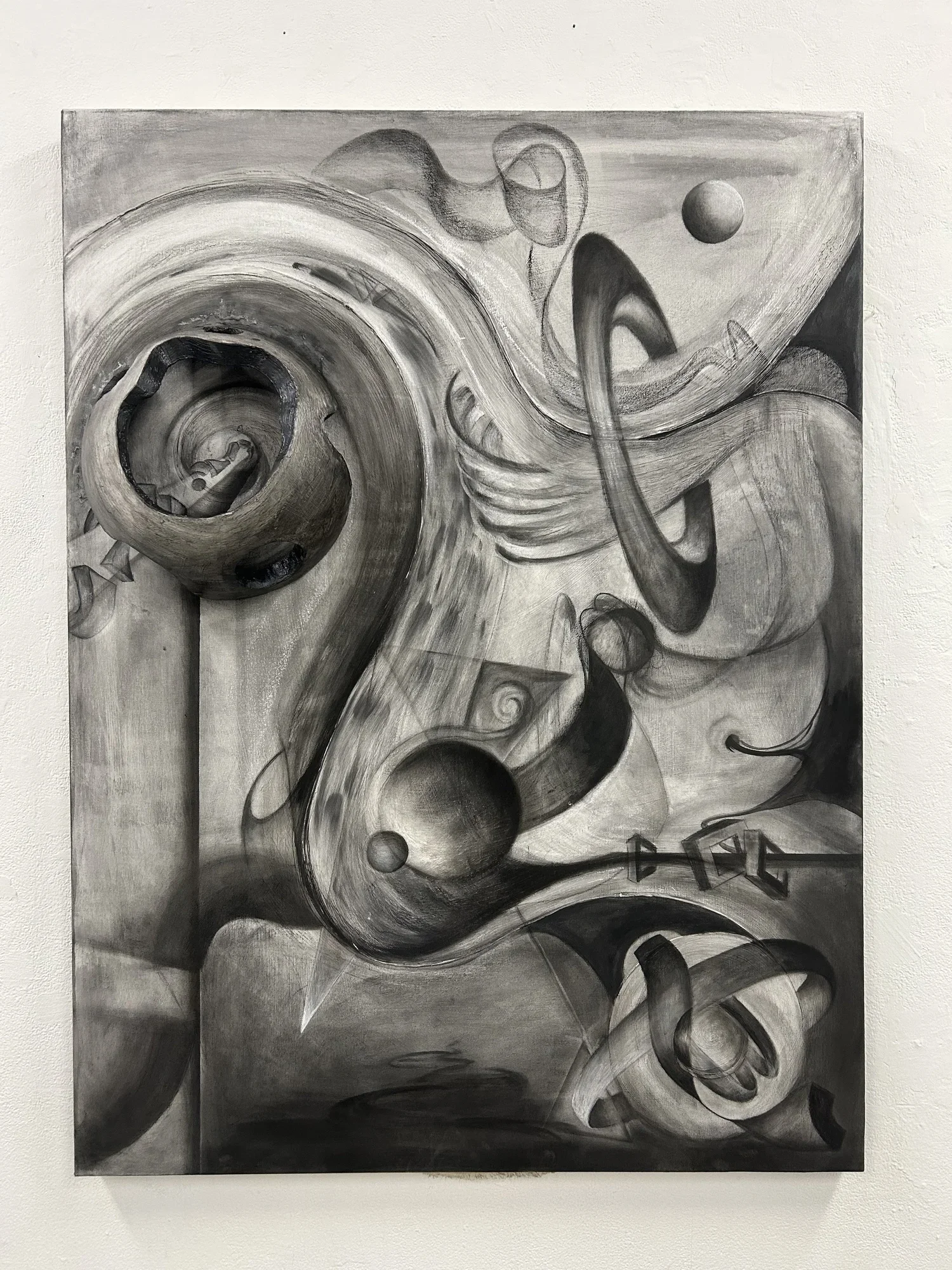 A black and white abstract painting with swirling shapes, spheres, and geometric forms.