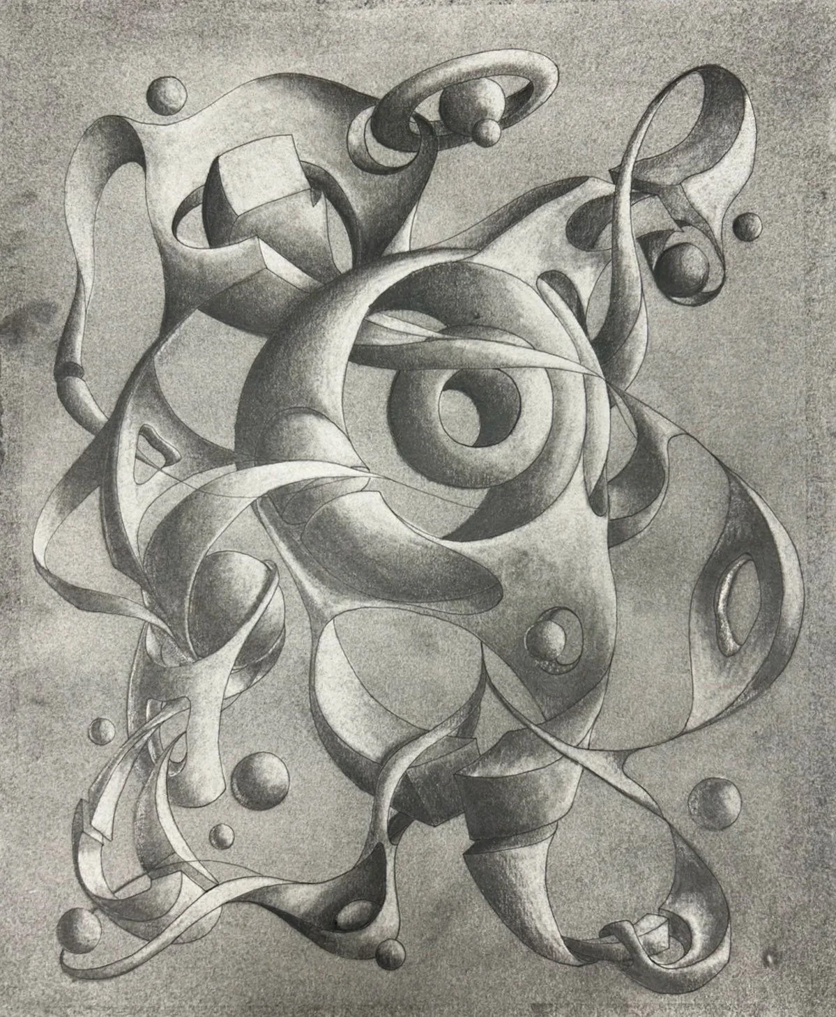 A detailed black and white abstract pencil drawing of various interconnected organic and geometric shapes, including spheres, loops, and curved forms.
