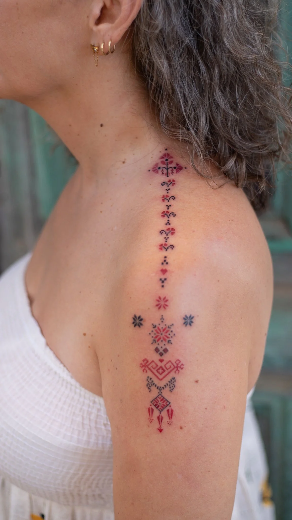 Palestinian Embroidery Tattoo “Tatreez” //Carrying forward the stories of Palestine. This piece honours the hands of Palestinian women who stitched stories of their land and people onto garments. Each pattern and colour palette signifies a region in 