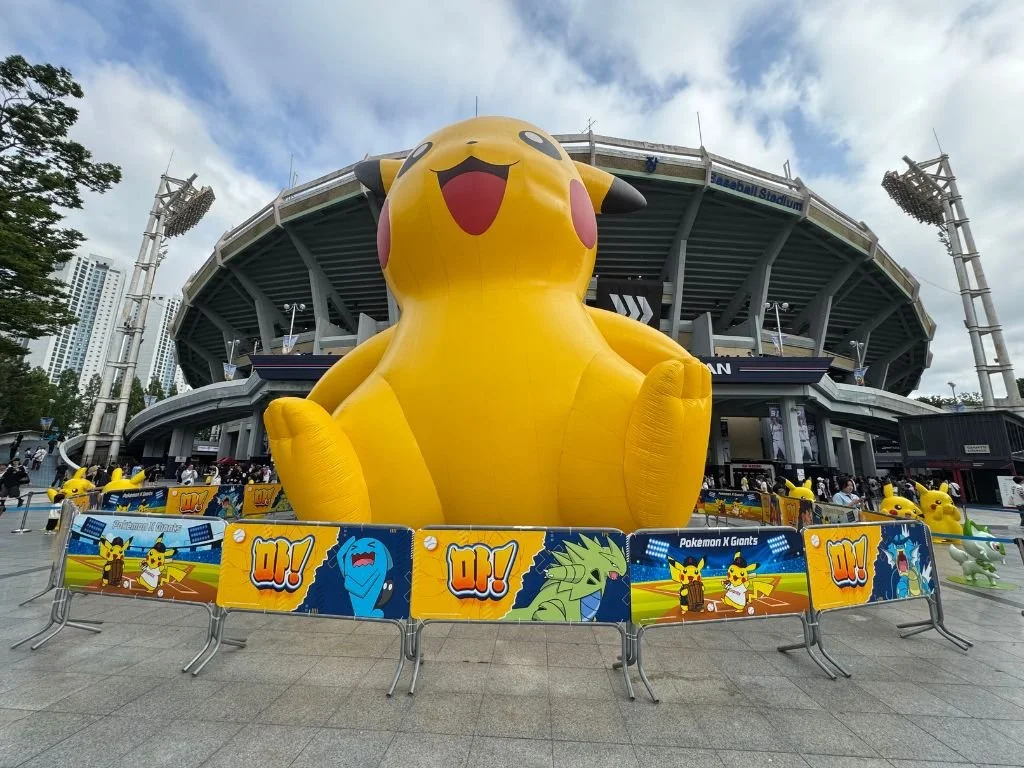 A giant inflatable Pikachu outside of Busan's Sajik Baseball Stadium.
