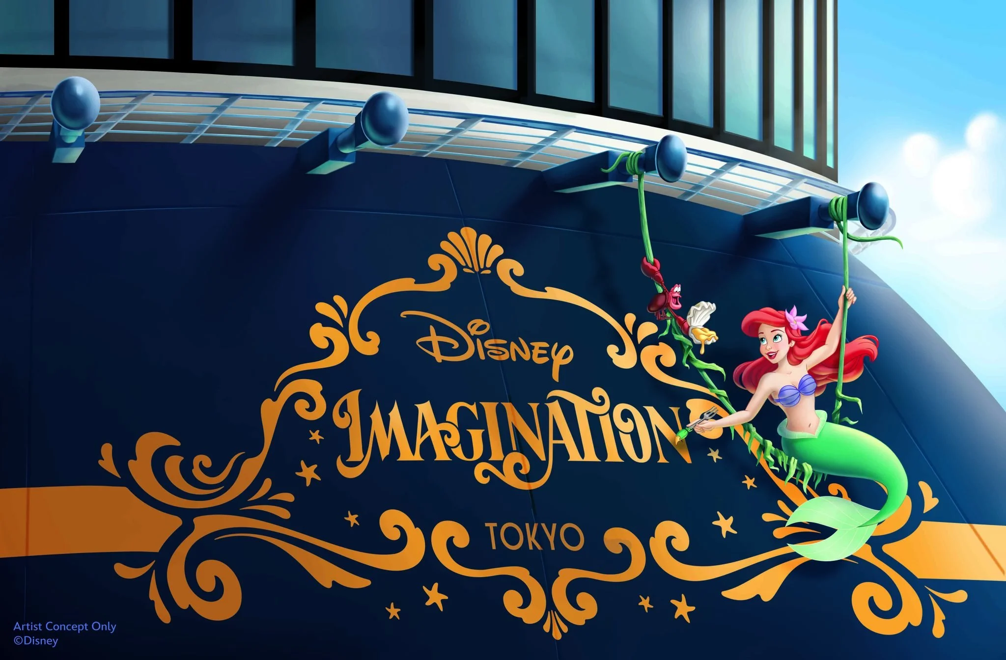 Ariel stern concept art: Ariel painting the Disney Imagination logo with a dinglehopper, with Sebastian beside her, on the stern of the cruise ship.