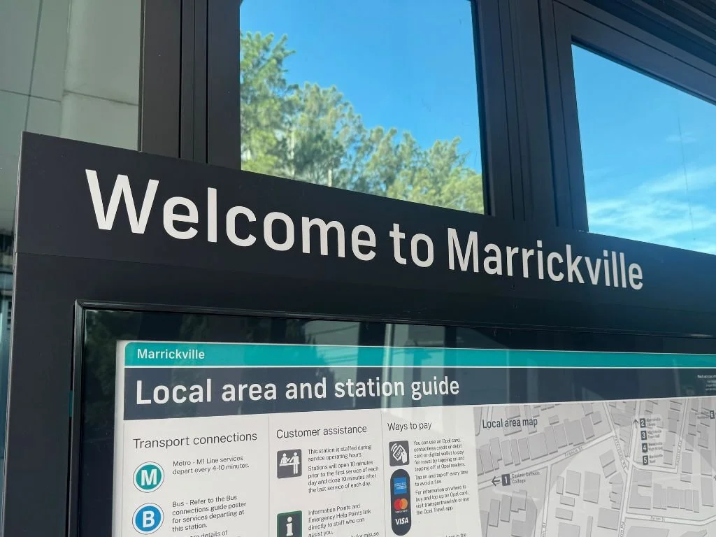 Marrickville Metro Train Station sign reading 'Welcome to Marrickville'
