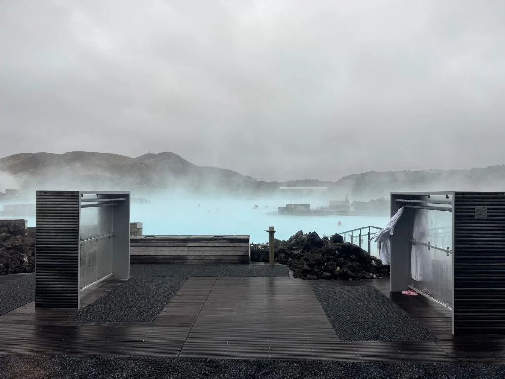 Towel racks and accessibility ramps going into the Blue Lagoon, Iceland